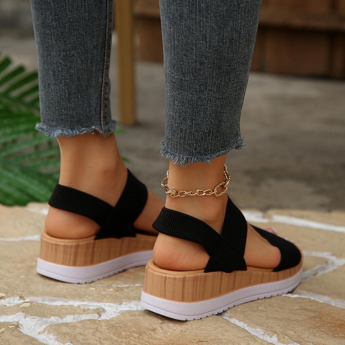 Minimalist Stretchy Strap Slingback Wedge Sandals, Layer Platform Everyday Summer Footwear for Women, Strappy Wedge Sandals