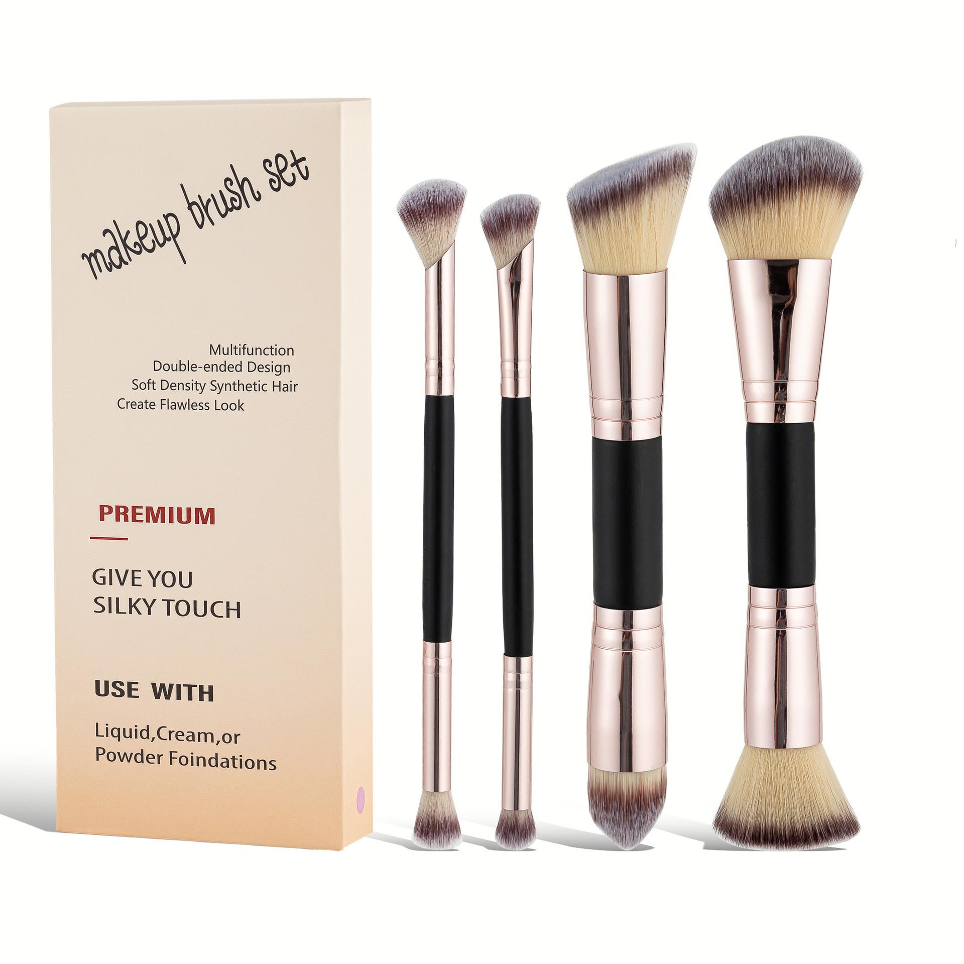 Multifunctional Twin-headed Makeup Brush Set (4 Pcs), Premium Synthetic Bristles Suitable for Liquid/Cream/Powder Foundations, Silky Touch for Flawless Makeup, Travel-friendly Makeup Tool, Soft Cosmetic Brushes, Ideal Gift for Women & Girls