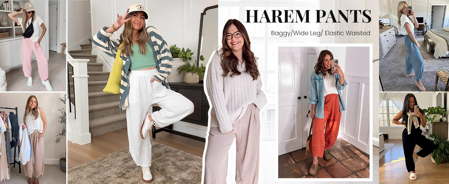 Women’s Harem Barrel Wide Leg Pants Elastic Waist Baggy Loose Fit Casual Jogger Sweatpants with Pockets Beach Street Coffee Teacher Outfits