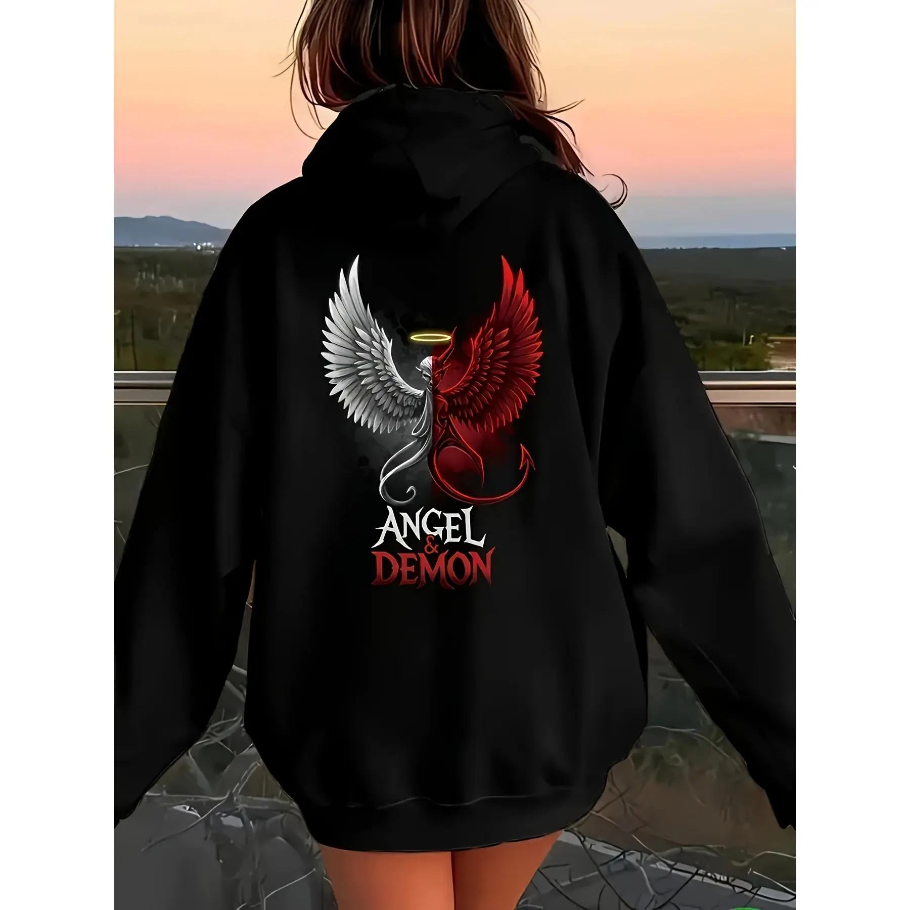 Angel & Demon Back‑print Hoodie Half Angel Half Devil Wings Dark Edgy Aesthetic Graphic Pullover Sweatshirt Oversized Loose‑fit Black Long‑sleeve Hooded Top Gothic Punk Street‑wear Personality Outerwear