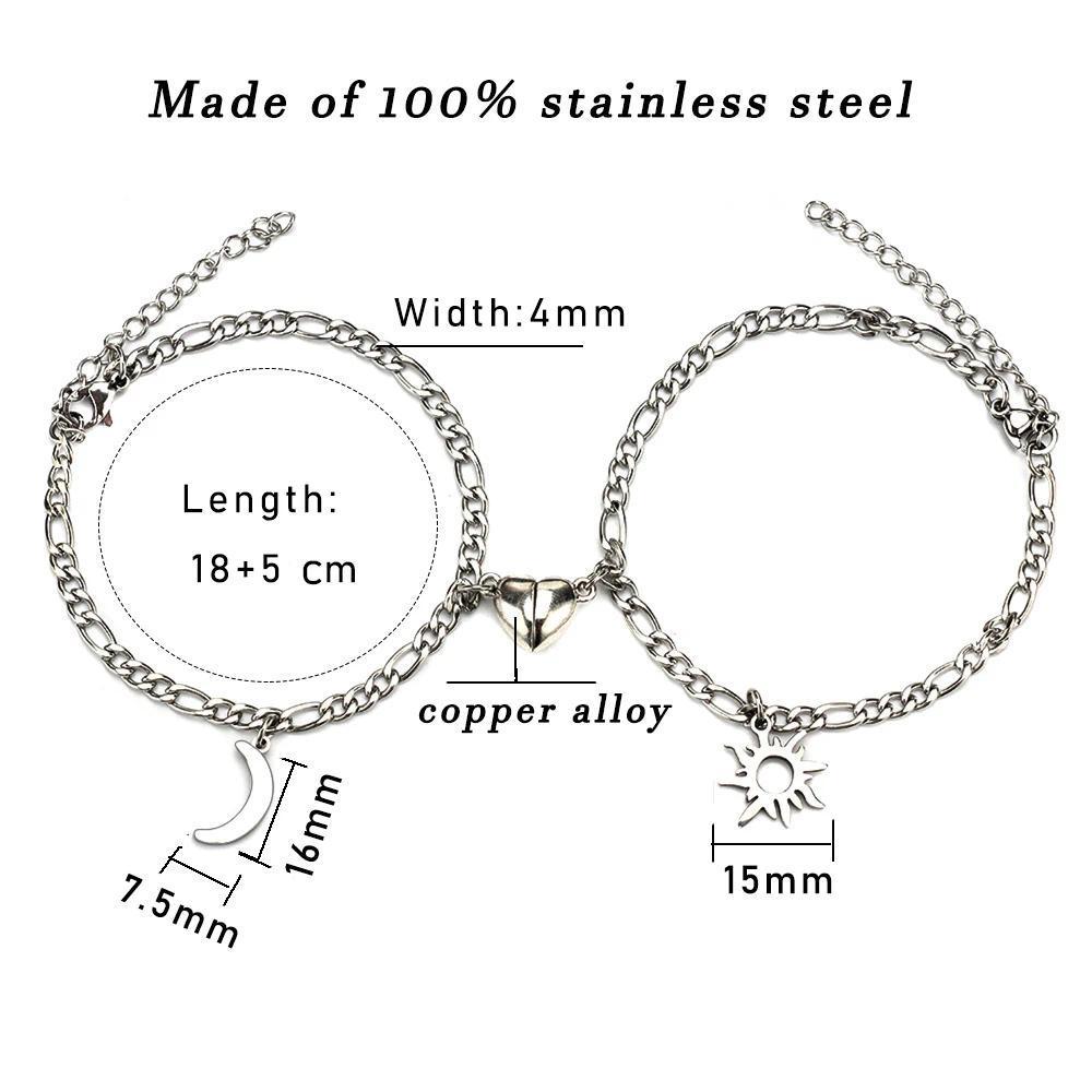 Unisex Charm Bracelets - 2Pcs Stainless Steel Sun Moon Charm Magnetic Link Jewelry, Valentine's Day Gifts, Everyday Use, Wholesale Fashion Accessories for Couples, Unisex Wear