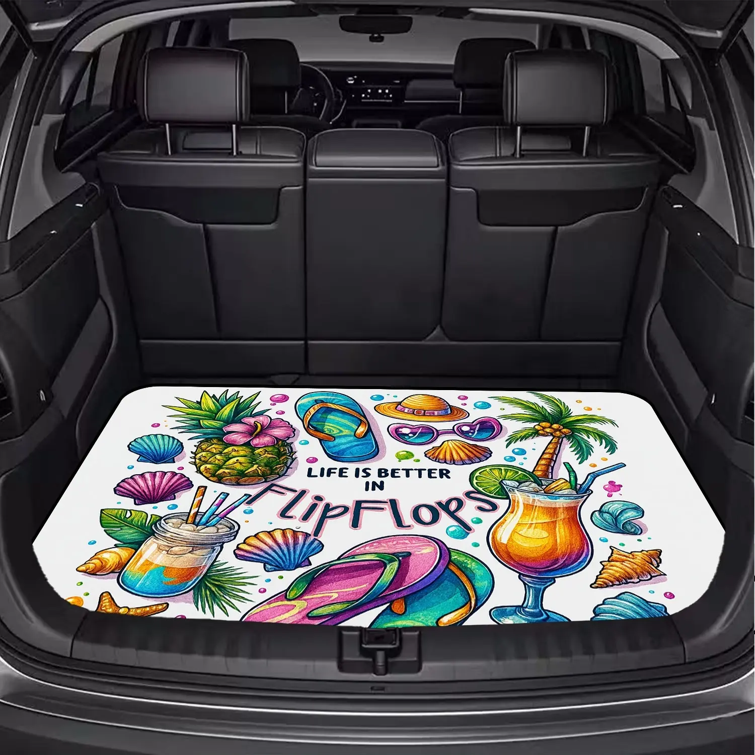1pc Summer Beach Style Car Trunk Mat, Multicolor Tropical Print Pattern, Essential Travel Accessory,  Fit for Various Car Models, Interior Car Decoration to Enhance Vehicle Ambiance, Keeps Your Trunk Clean and Dry. Ideal for Family Outings
