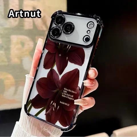 Premium Plated Lily Print Cellphone Case for iPhone 17,16 Pro Max,16 Plus,15 Plus,14,13,12,11,E,Air - Rich Burgundy Smartphone Protection Accessory with 4-Corner Air Cushion Anti-Drop, Crash-Proof, Slip-Resistant Design