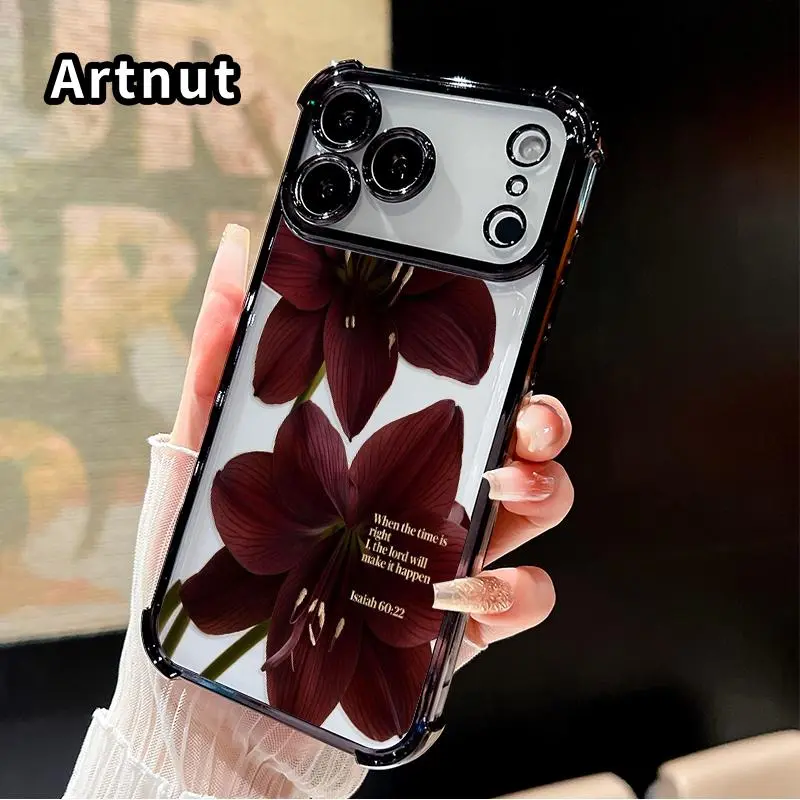 Premium Plated Lily Print Cellphone Case for iPhone 17,16 Pro Max,16 Plus,15 Plus,14,13,12,11,E,Air - Rich Burgundy Smartphone Protection Accessory with 4-Corner Air Cushion Anti-Drop, Crash-Proof, Slip-Resistant Design