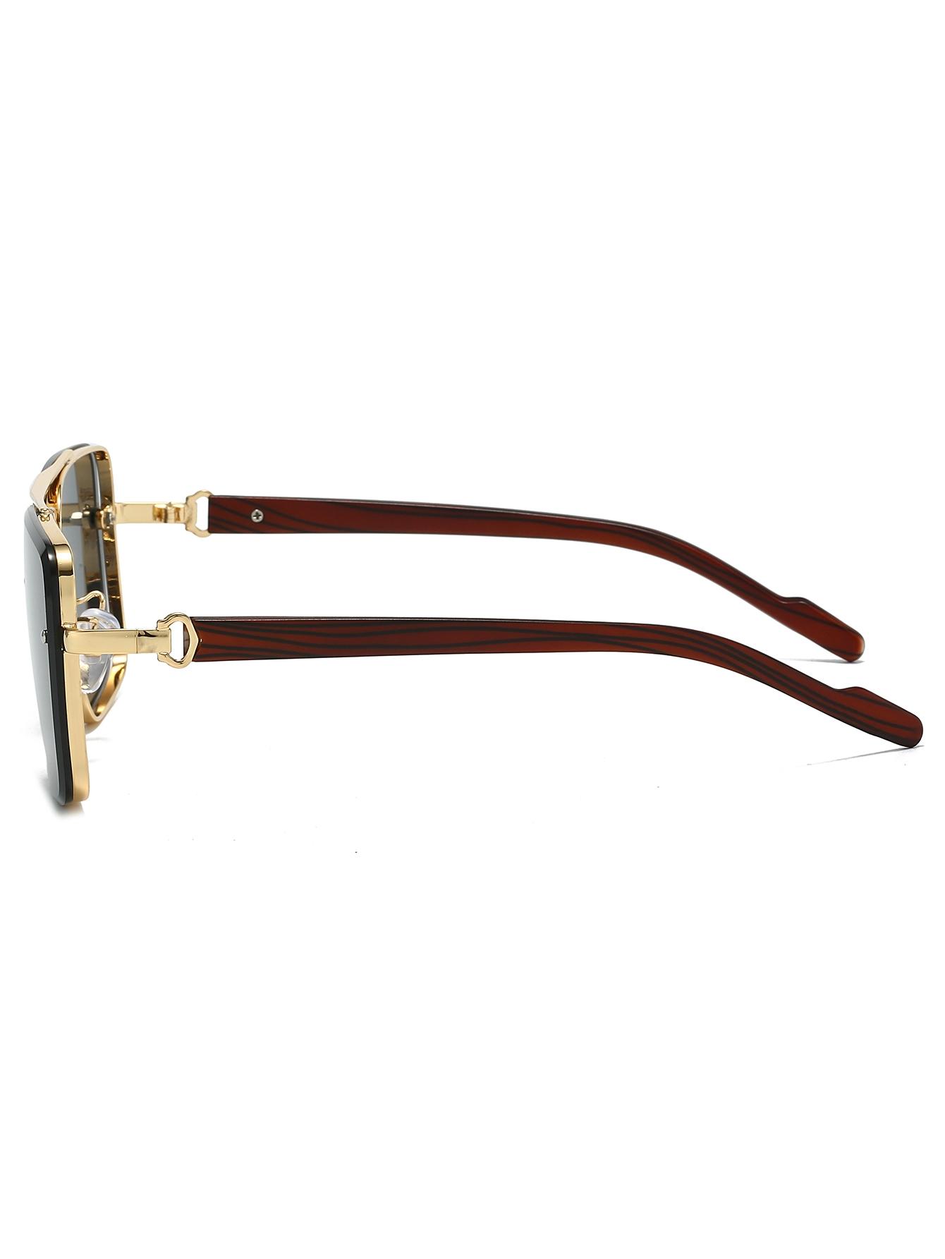 Men's New Full Frame Square Glasses, Retro Dual Bridge Design, Imitation Wood Texture Temples, Metal Frame, Classic Fashion Decorative Eyewear, Square Frames