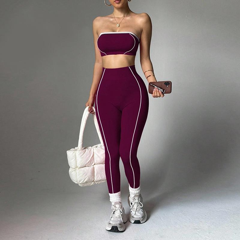 New yoga outfit for women, color-blocked bustier top, peach butt slim-fit long pants, fitness sportswear