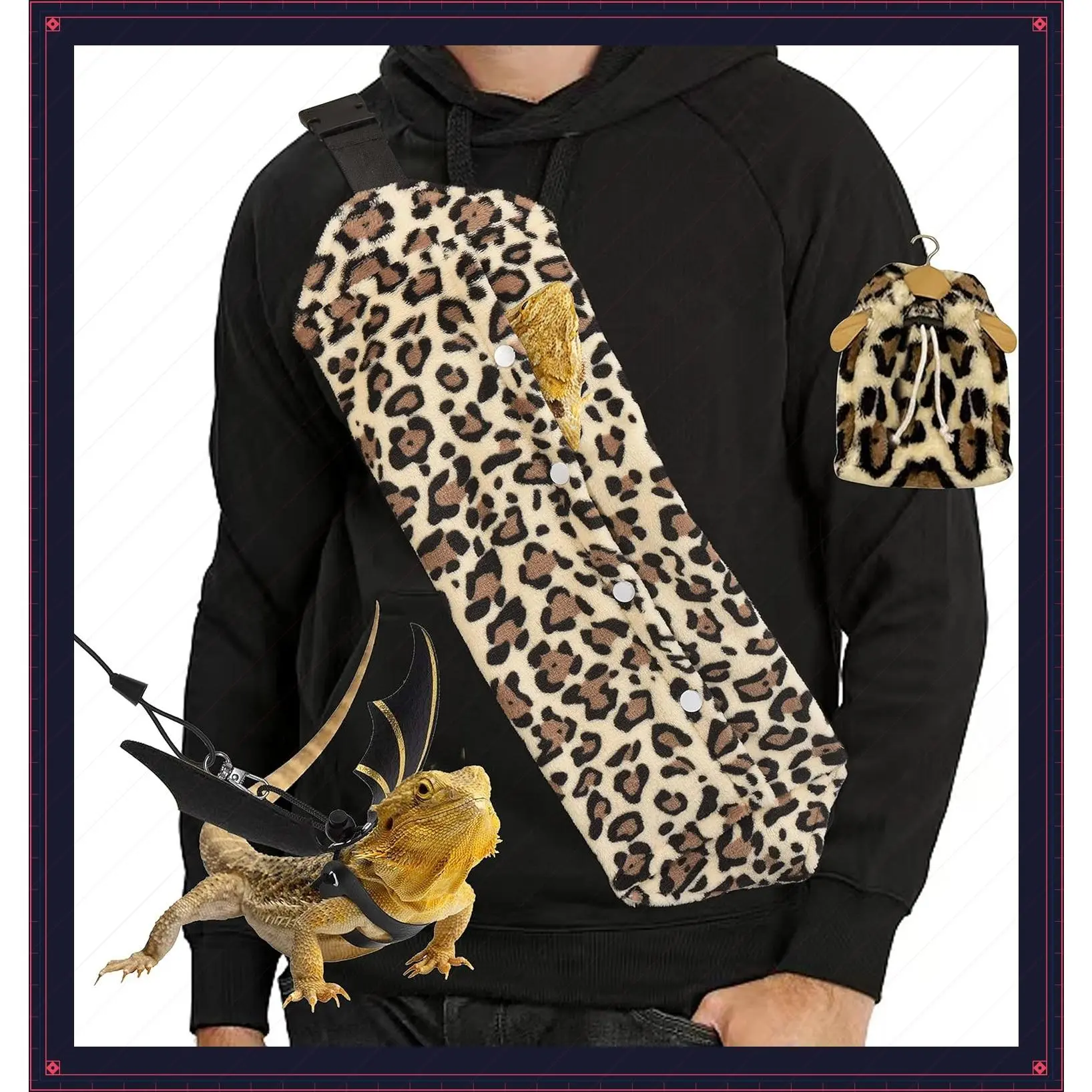 Bearded Dragon Leash and Harness Set with Leather Wings and Sling Bag, Adjustable Lizard Reptile Carrier Backpack, Batwing Accessories - Leopard PatternGift