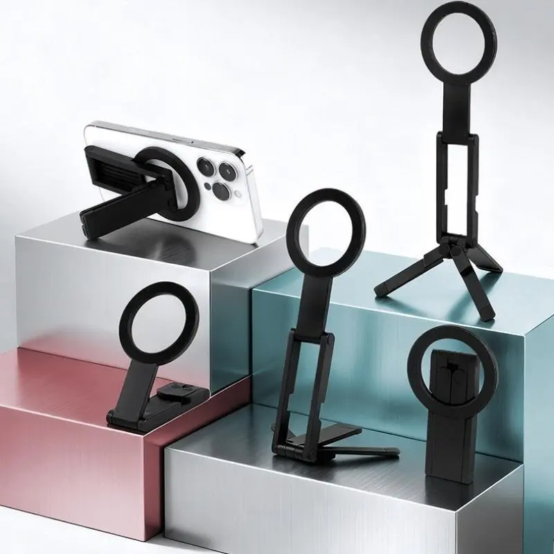 Ultra-Thin 0.8cm Foldable Magnetic Phone Tripod, Aluminum Lightweight Pocket Stand, 360° Rotatable Desktop Handheld Shooting Stand with Bonus Magnetic Ring