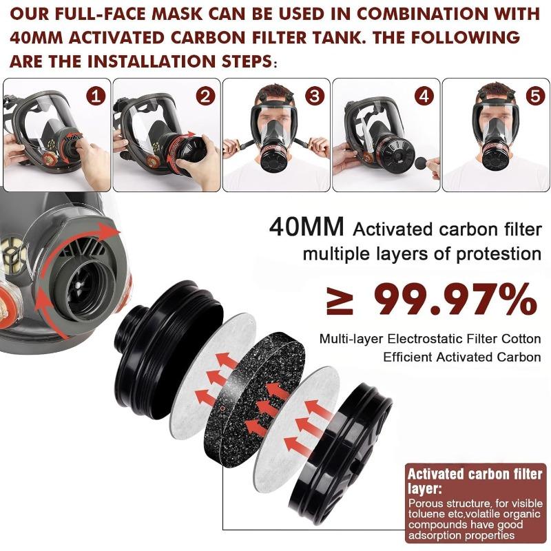 Full Face Gas Mask Reusable Respirator, Chemical Protection with 6001cn & 40mm Activated Carbon Filter, Ideal for Spray Paint, Industry, Sanding