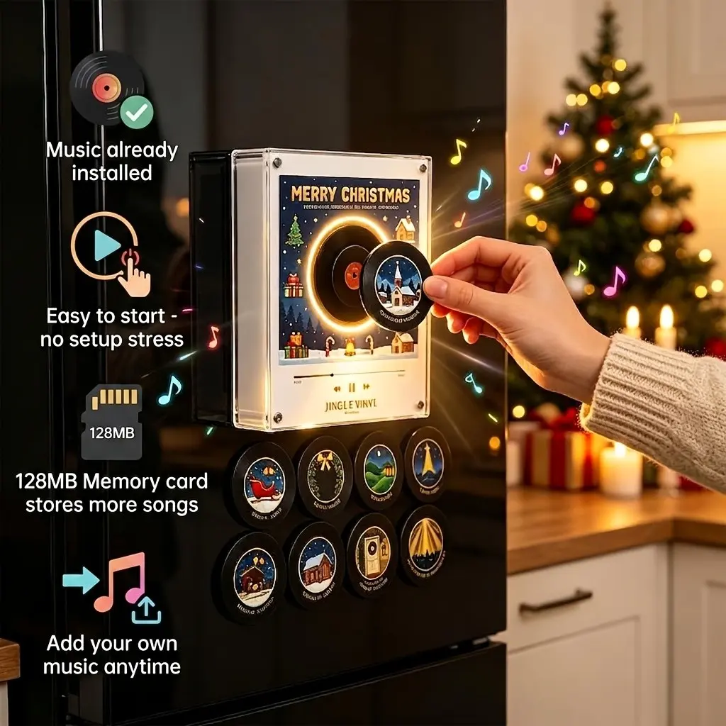 Christmas Fridge Magnet Set, Acrylic Fridge Magnet, Music Vinyl Player for 9 Christmas Carols, Includes 128mb Storage Card, Interactive Holiday Gift, Kitchen Decor