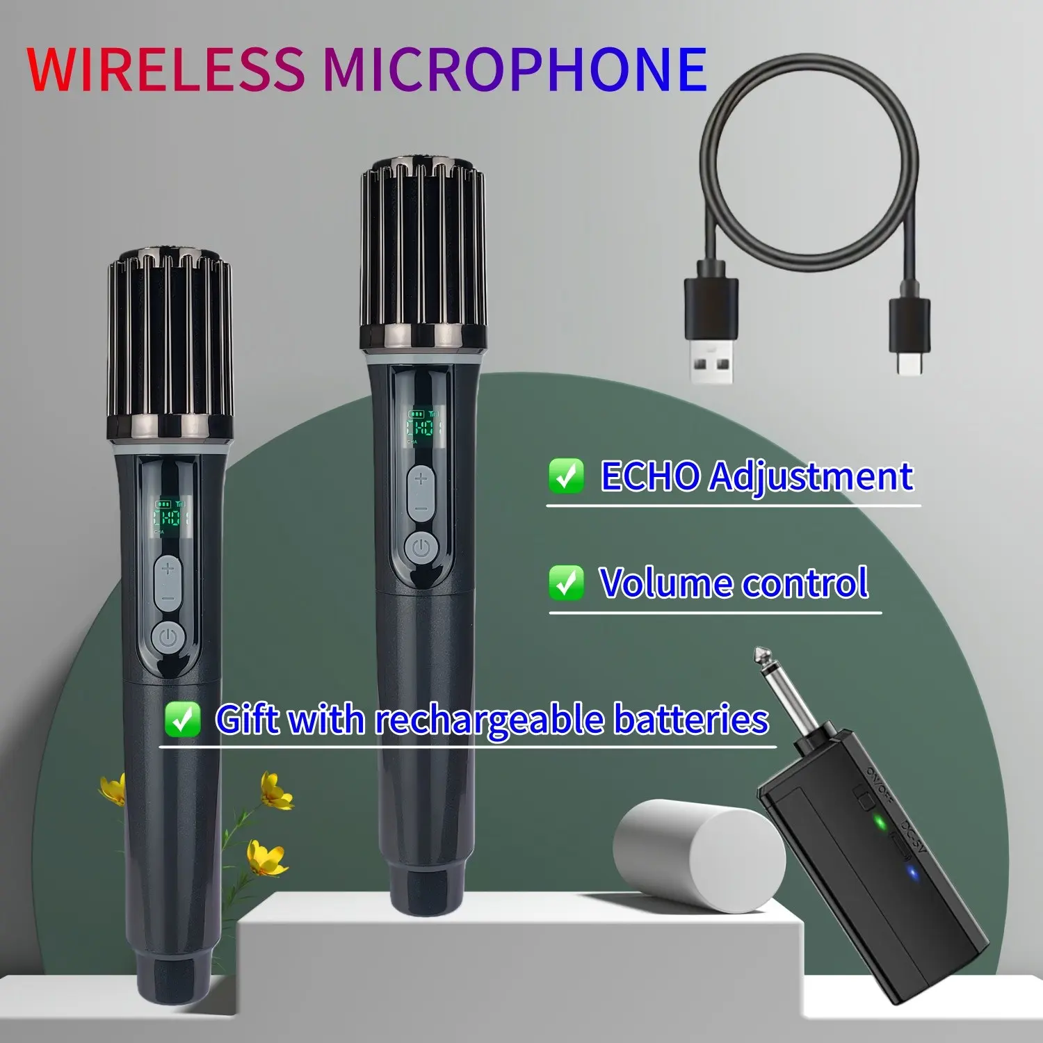 New Fashion Wireless Microphone Single and Dual Mic, Rechargeable Long Battery Life, With Echo Function, Adjustable Volume