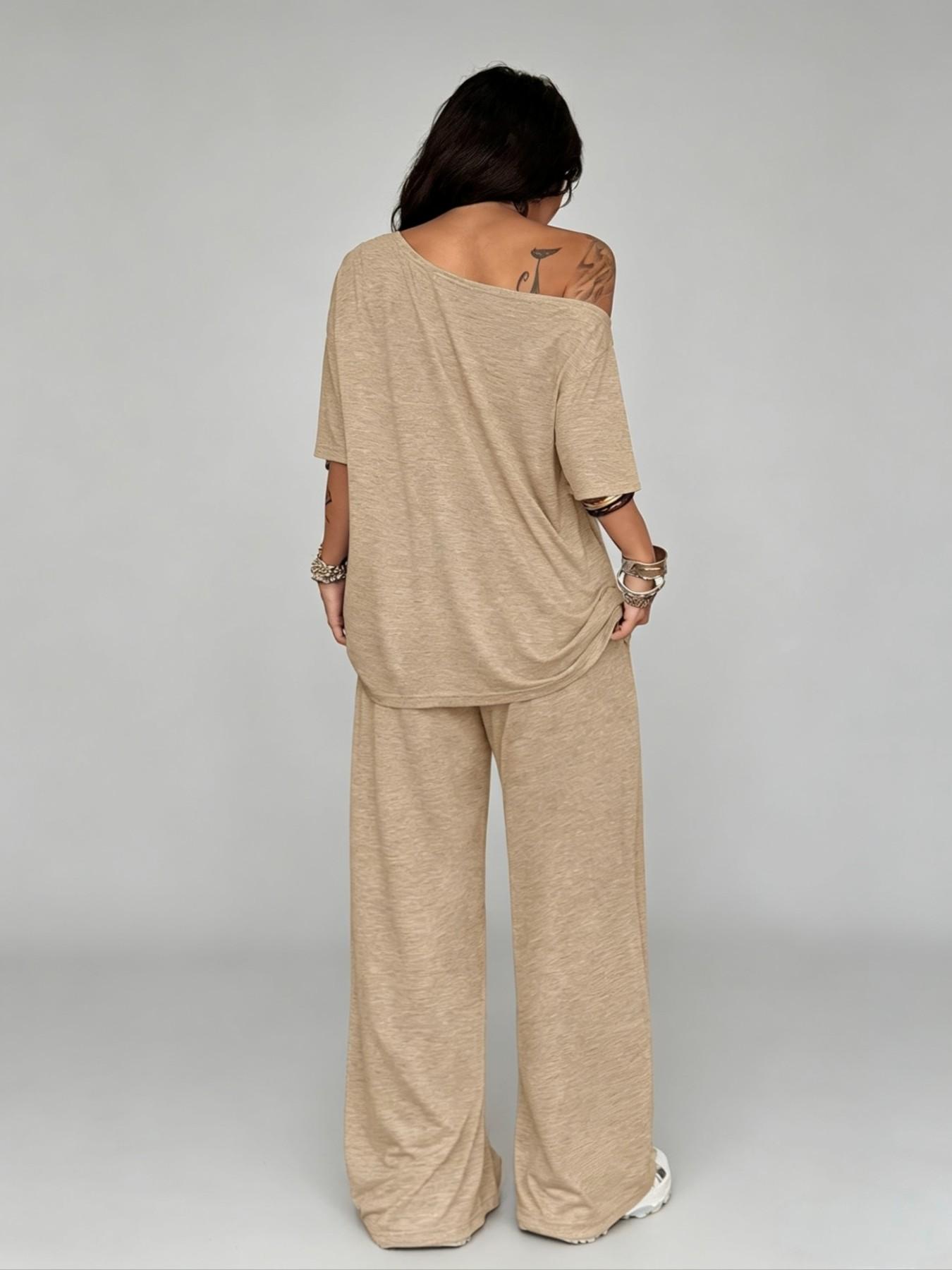Women's Casual Solid Color Sport Two-Piece Set, Sweatsuit Loose Long Pants & Wide Leg Slant Neck Pant Suit, Spring & Fall Fashion