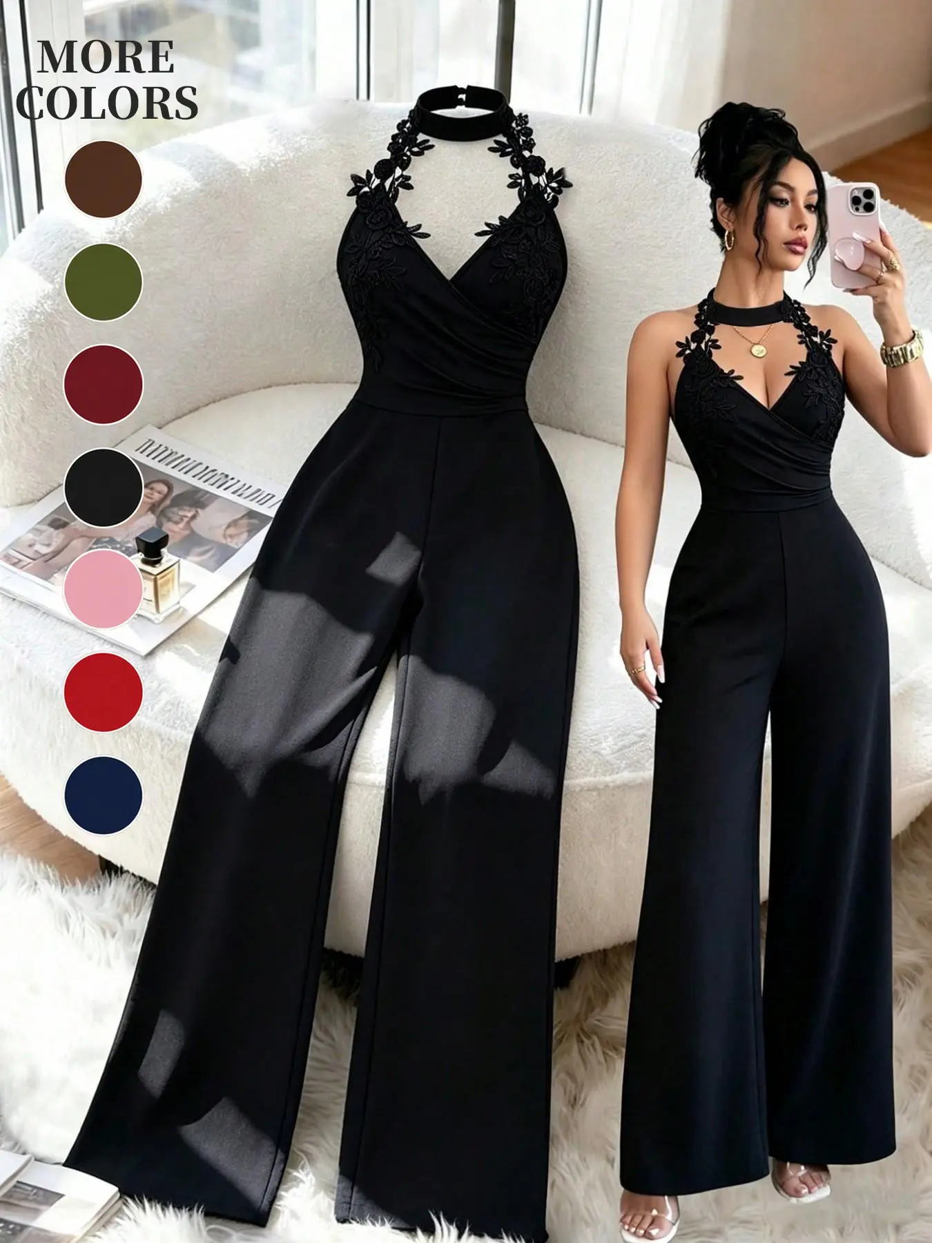 Floral Lace Halter Deep V Cross Back High Waist Bodycon Pants, Sexy & Elegant Design for Dates & Parties, Perfect Fit for Special Occasions