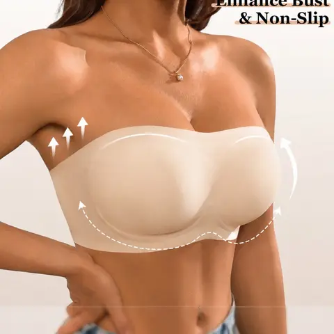 Strapless Jelly Gel Bra for Women, Everyday Non-Slip Silicone Grip Bandeau Bra, Wireless Push Up Tube Top Bra, Seamless Comfort Bustier