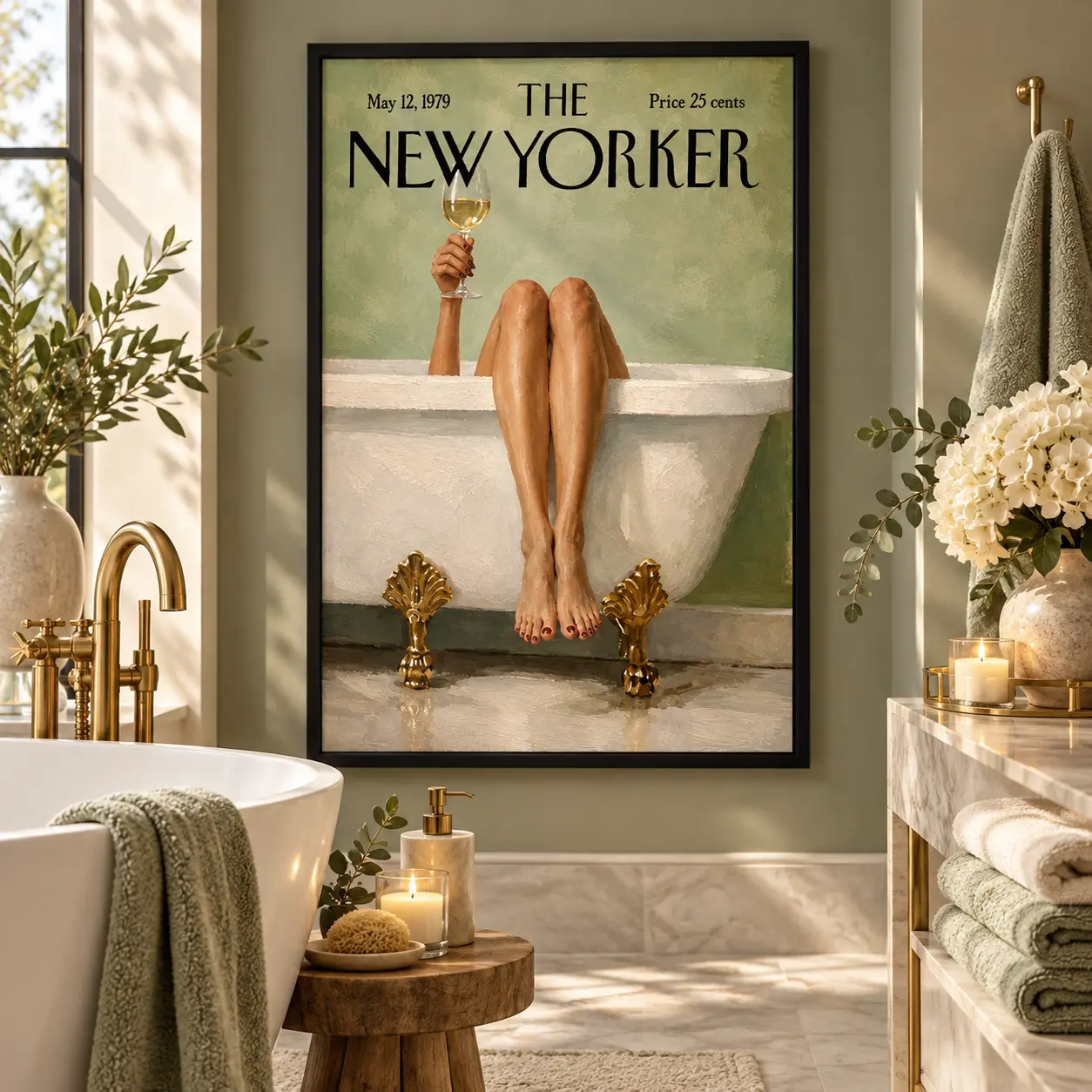 Wine in the Bath Wall Art Print, Chic Bathtub Poster, Vintage Magazine Style Self Care Decor for Bathroom Bedroom Apartment Home