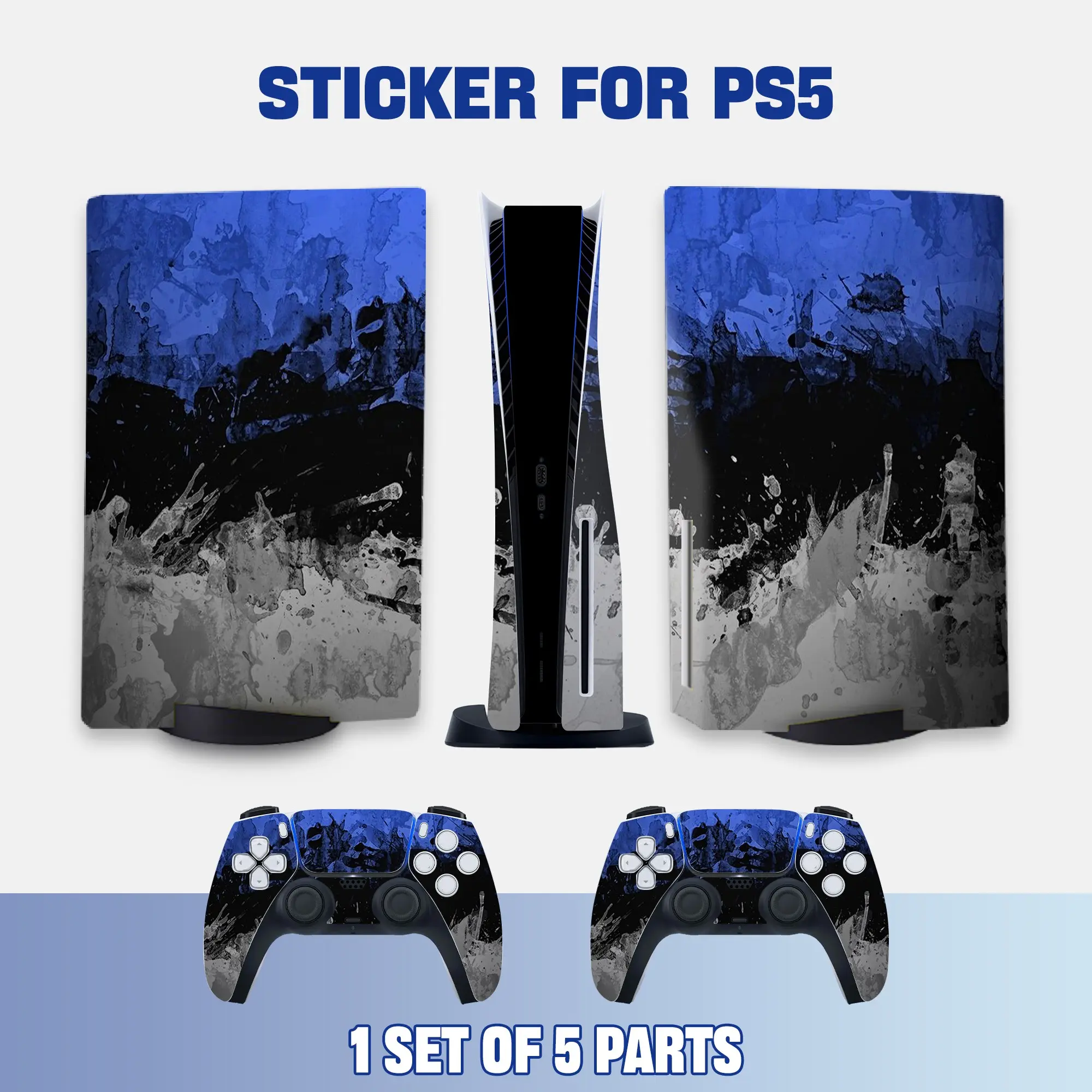 Ps5 Console and Controller Stickers, Blue Abstract Art Vinyl Protective Film, Waterproof Scratch-Resistant, Removable Without Residue
