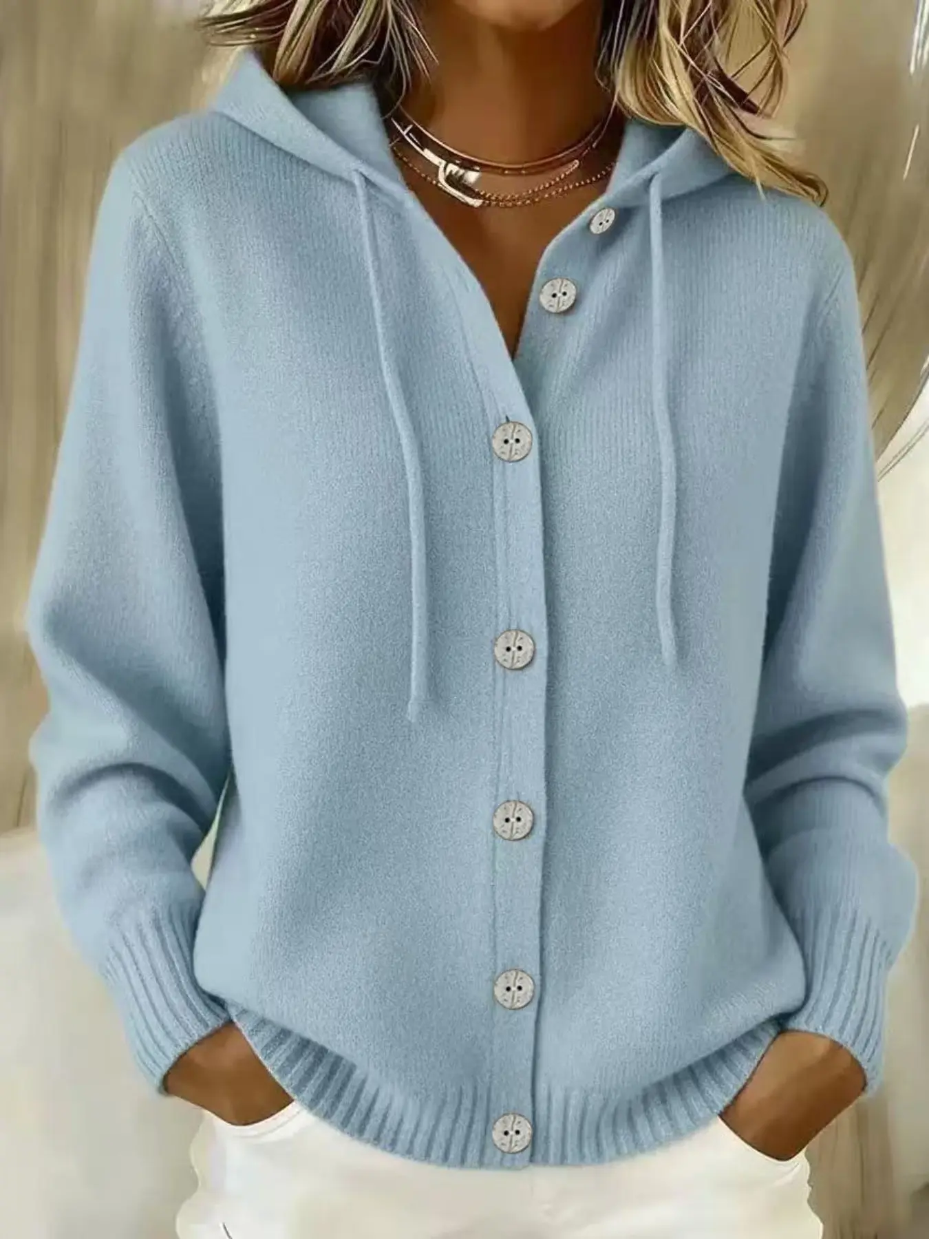 Women's Button Knit Hooded Sweater Cardigan, Fall Winter New Arrival, Solid Color Casual Fashion Outerwear, Cross-Border Trendy Clothing