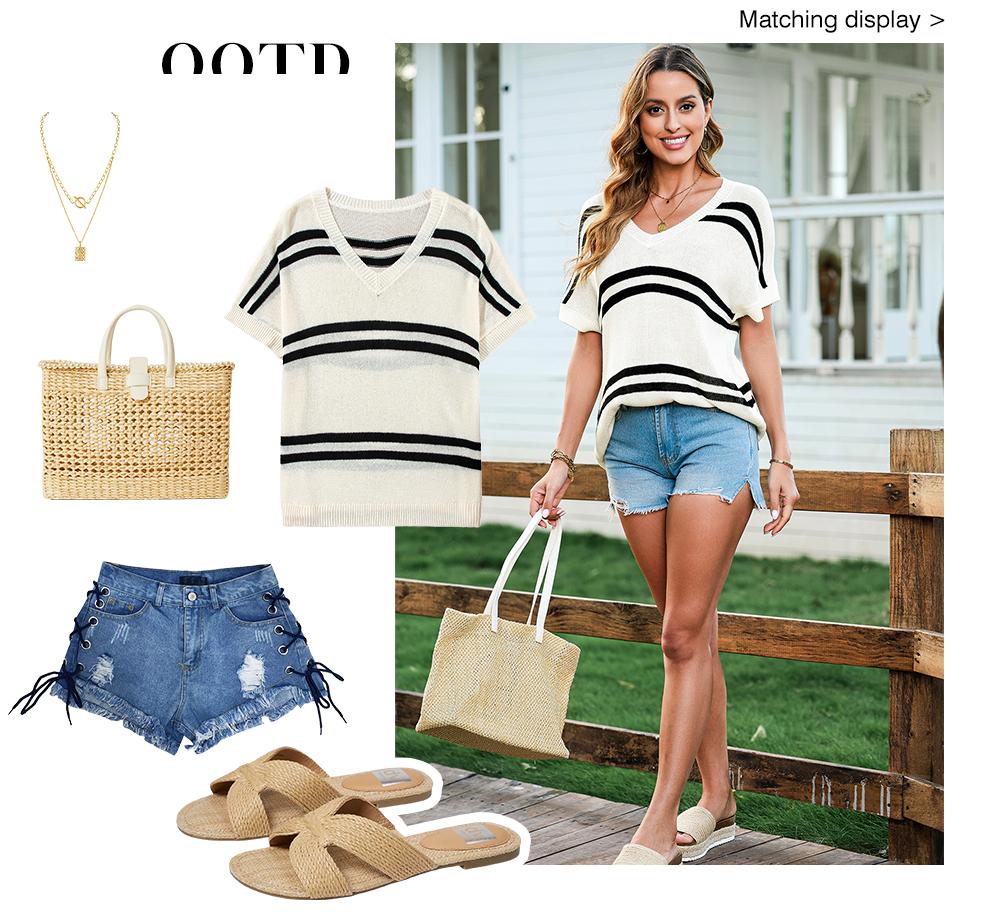 Shewin 2026 Spring/Summer Women's Oversized Knit Sweater Pullover Cozy Striped Crewneck Batwing Sleeve Stretchy Acrylic Top SpringStatements