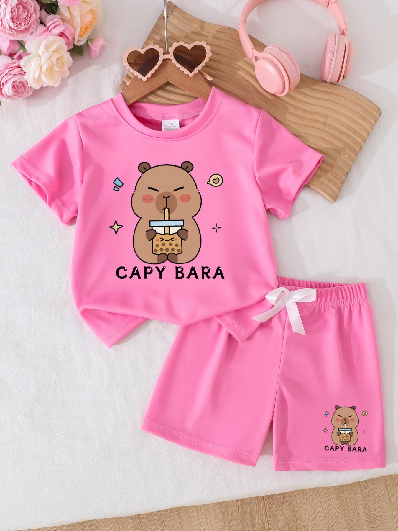 Capybara Girls' Summer 2-Piece Set - Short Sleeve Tee & Shorts Outfit | Soft & Comfortable Everyday Playwear for School, Parties & Outdoor Activities | Multi-Color Options, Ideal Holiday & Birthday Gift Casual Fashion Set Children