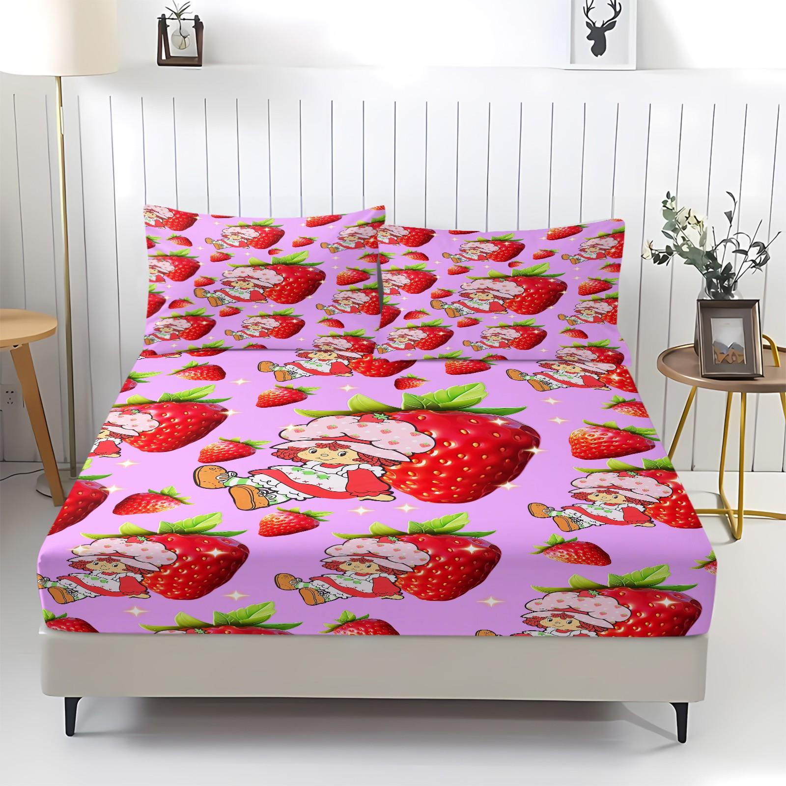 Sparkle Strawberry Shortcake Fitted Sheet Set, 3 Pcs Ultra Soft Wrinkle Resistant Bed Sheets with 360° Snug Fit, Pink Kawaii Strawberry Print Fitted Sheet for Kids Bedroom, Full Size