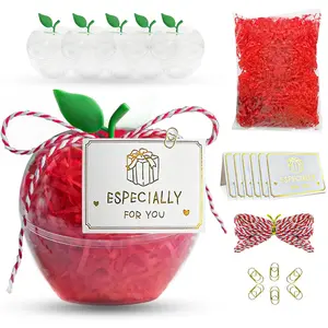 Large 5 Pcs Plastic Apple Shaped Containers with Gift Cards and Red Raffia for Back to School Decorations Teacher Appreciation, Bulk Gift Boxes(Clear)