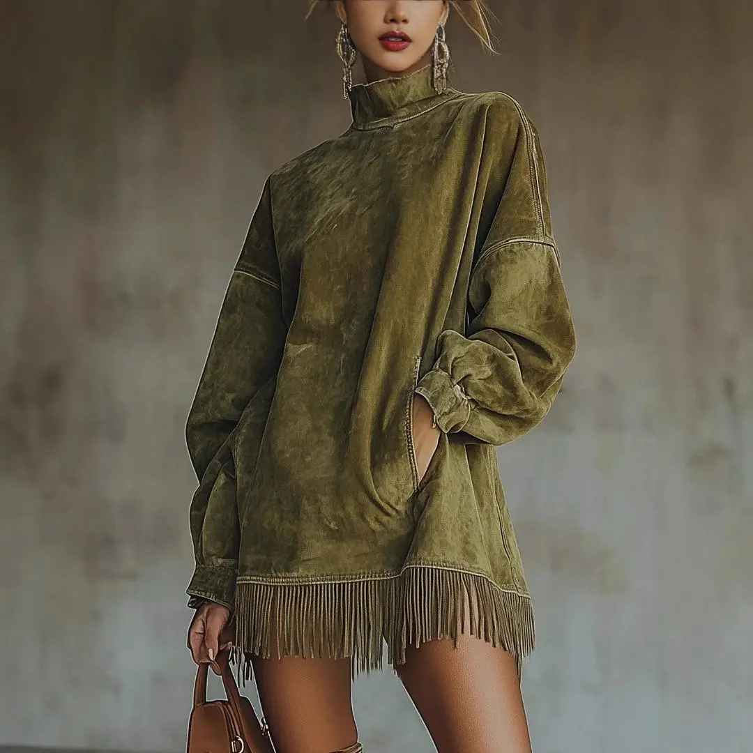 High Neck Loose Pocket Tassel Long Sleeve Suede Dress