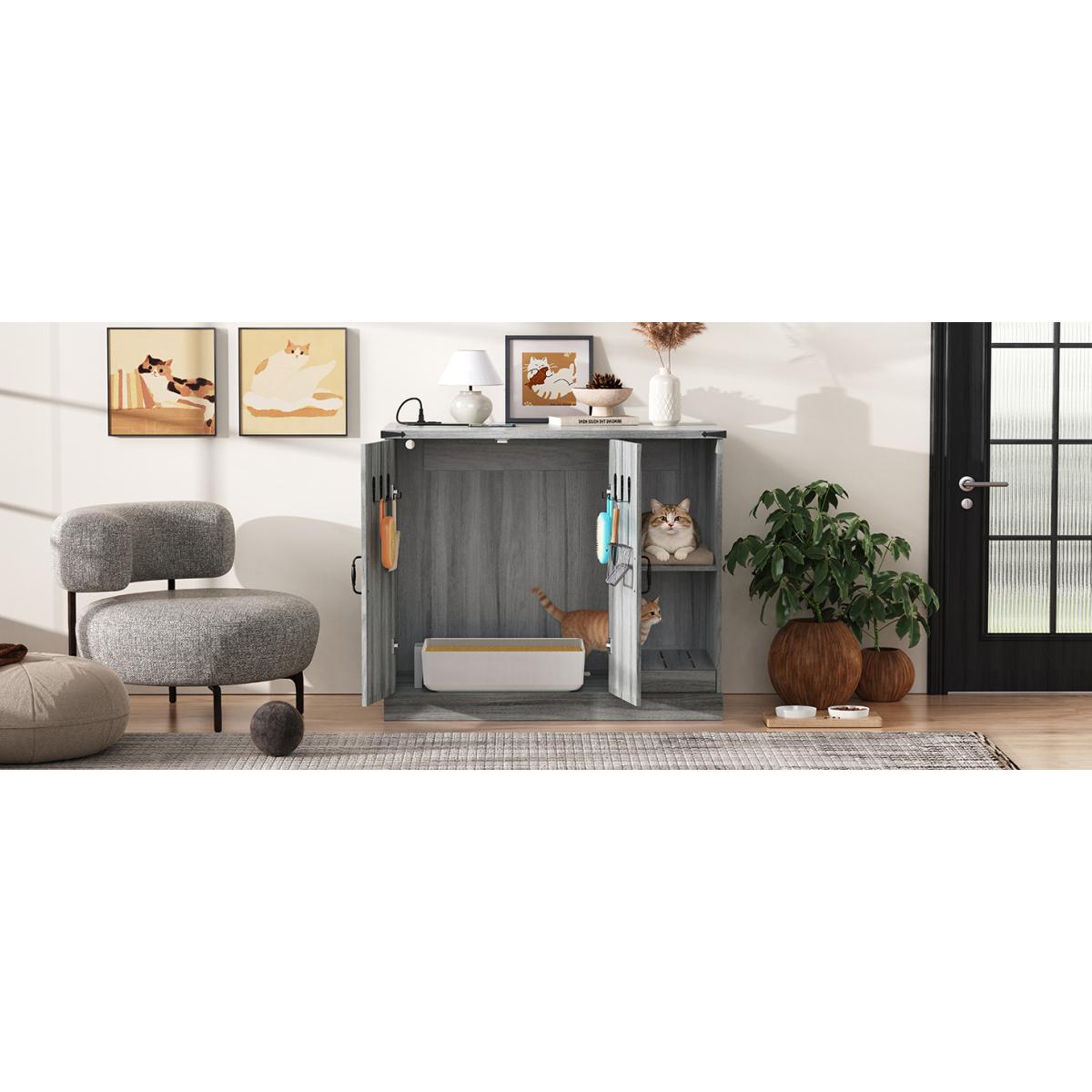 Cat Litter Box Cabinet with Power Outlet, Modern Litter Box Furniture for Large Automatic Litter Boxes, Hidden Litter Box Enclosure with Litter Catcher, Adjustable Storage Shelves, Gray