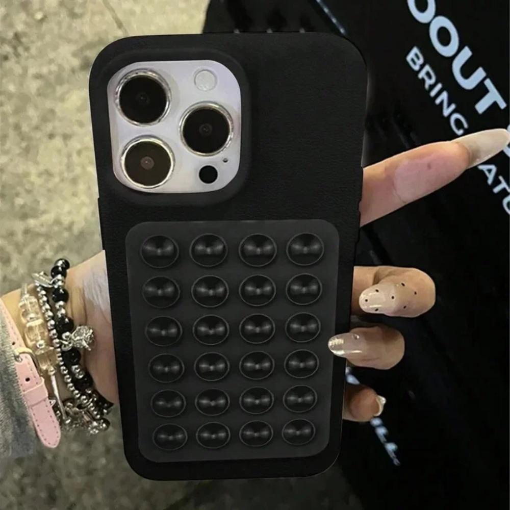 Minimalist Solid-Color Suction Cup Stand Leather-Textured Phone Case Cover Casing For iPhone 17 16 15 14 Plus 13 12 Pro Max 11 XS XR XS Max Shockproof Protective Case Accessories