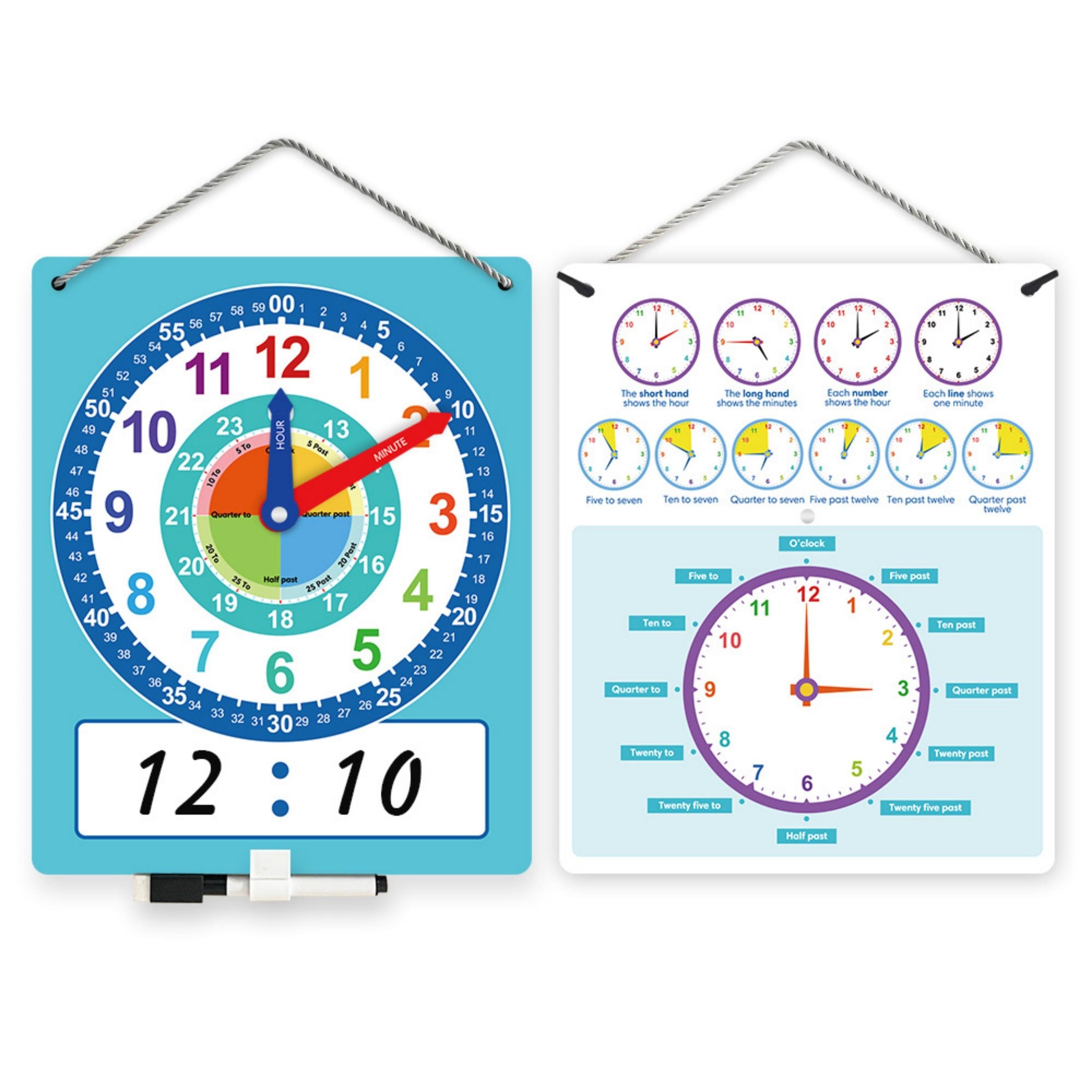 Teaching Clock Teaching Aid, Time Recognition Learning Teacher Tool, Includes Erasable Pen, Suitable for Daily Home Classroom Study, Math Learning Tools, Visual Learning Tools, Learning Materials