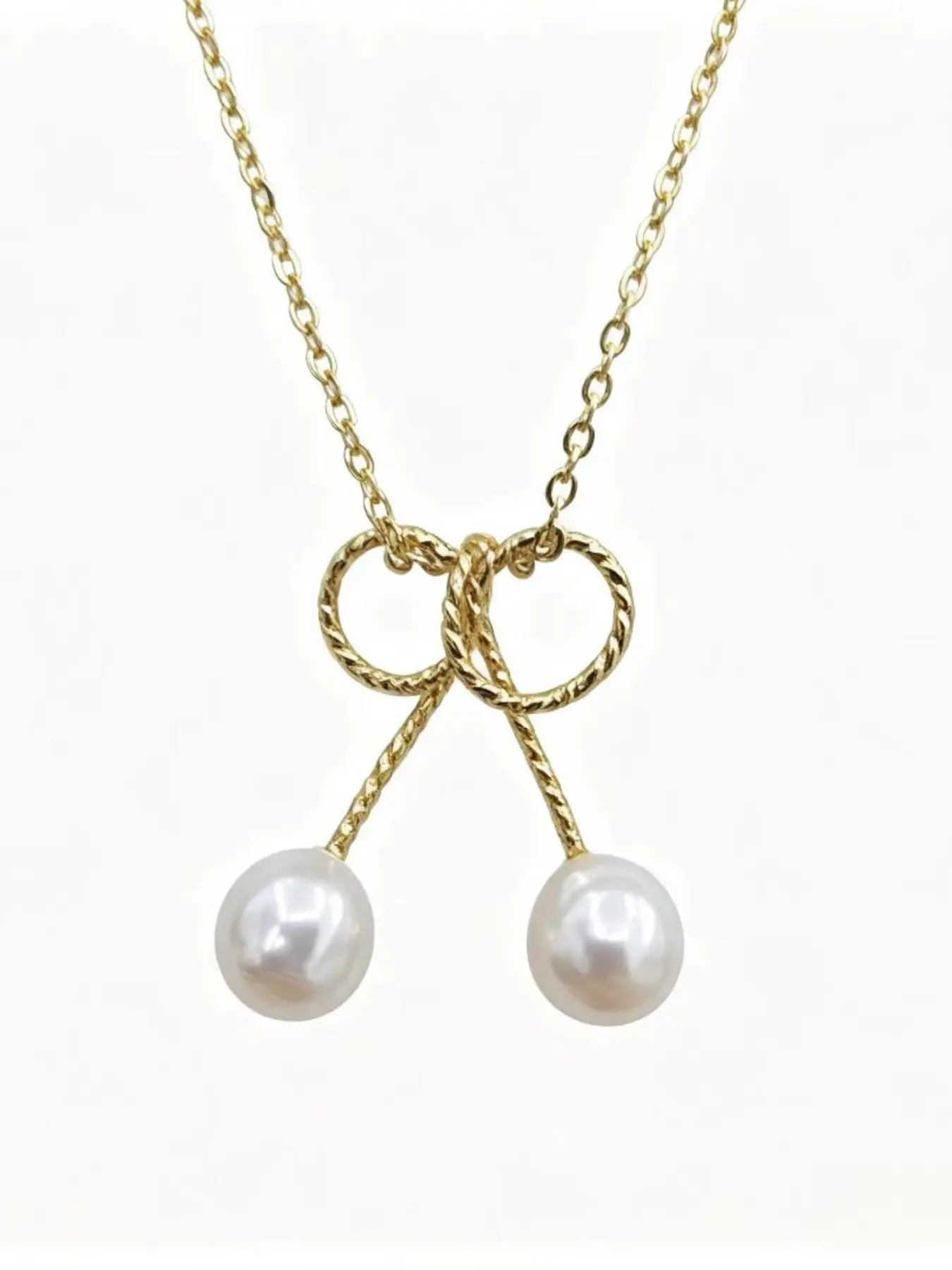 Double Ring Bowknot Pendant Necklace, Natural Freshwater Pearl, 6mm Baroque Pearl, Includes Chain, Elegant Jewelry Gift