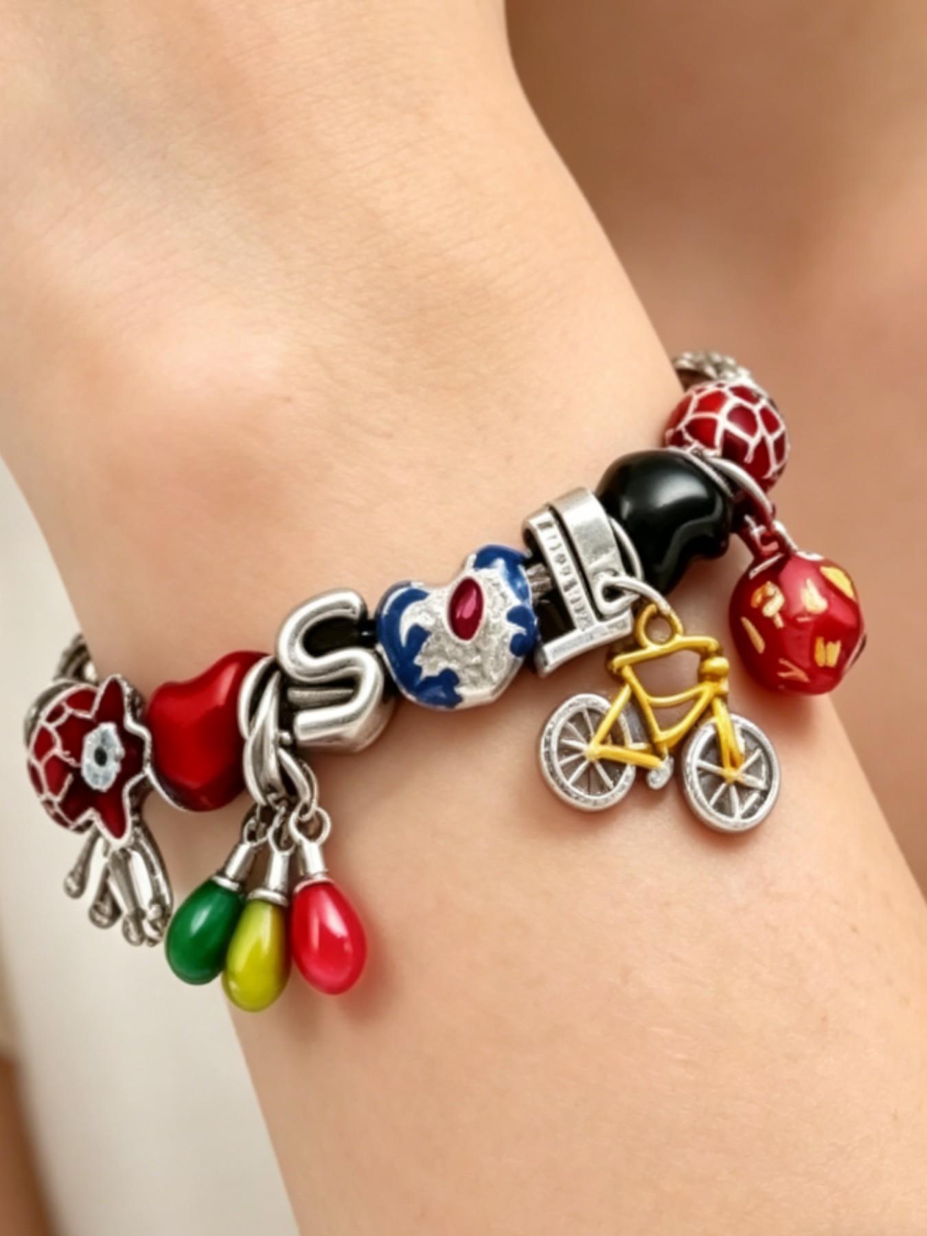 Retro DIY Stranger Things Inspired Multi-Pendant Beaded Bracelet, Heart Charm Bracelet, Strange Colorful Charm Trendy Jewelry, Aesthetic Fan Gift, Friend Gift, Special Bff Gift, Interest Gift