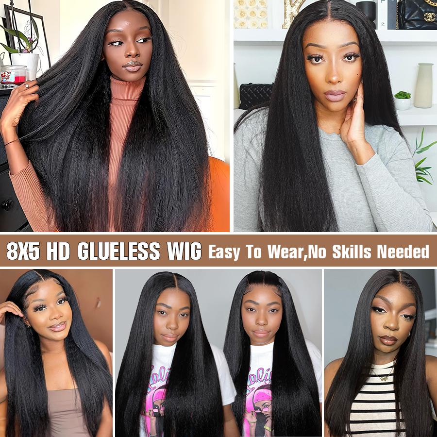 Pizazz Hair Yaki Straight Hair 8x5 Gluess Wigs Pre Cut HD Lace WIgs Preplucked Natural Hairline 220% Density Easy to Install