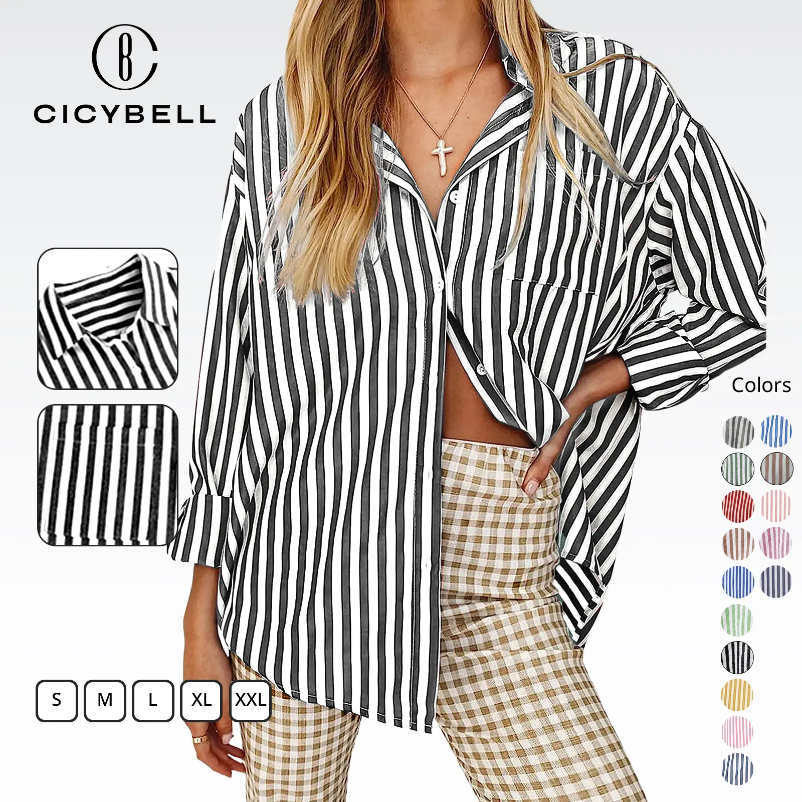 Cicy Bell Women's Blouses Striped Long Sleeve Shirts Button Down Loose Fit Casual Tops Womenswear Breathable
