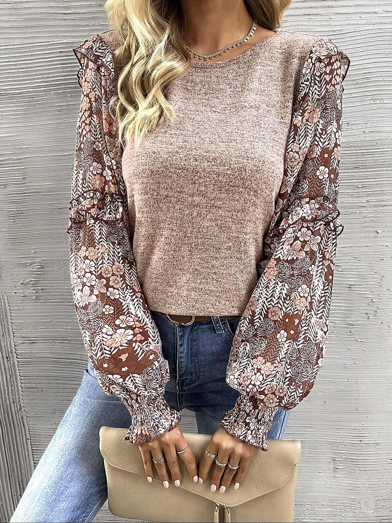 Women's Round Neck Lantern Sleeve Floral Print Patchwork Casual Cute Fitted Fall T-Shirt, Long Sleeve Top for Autumn Fashion