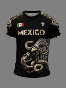 Mexican Theme Sports T-Shirt, Aztec Eagle Snake Totem Short Sleeve, Men's Quick-Dry Breathable Soccer Jersey, Casual Slim-Fit Top, Mexico Soccer Shirt