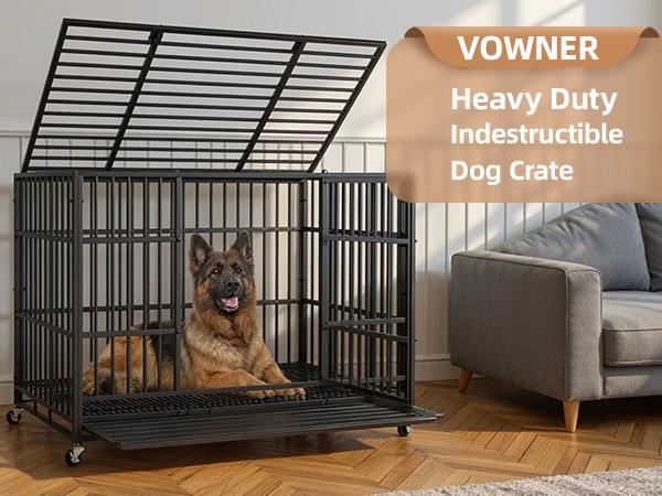 48” Heavy Duty Indestructible Dog Crate, High Anxiety Dog Crate, Escape Proof Dog Cage Kennel with 4 Lockable Wheels, Double Sturdy Locks, Double Door and Removable Tray Design, for Large Dogs