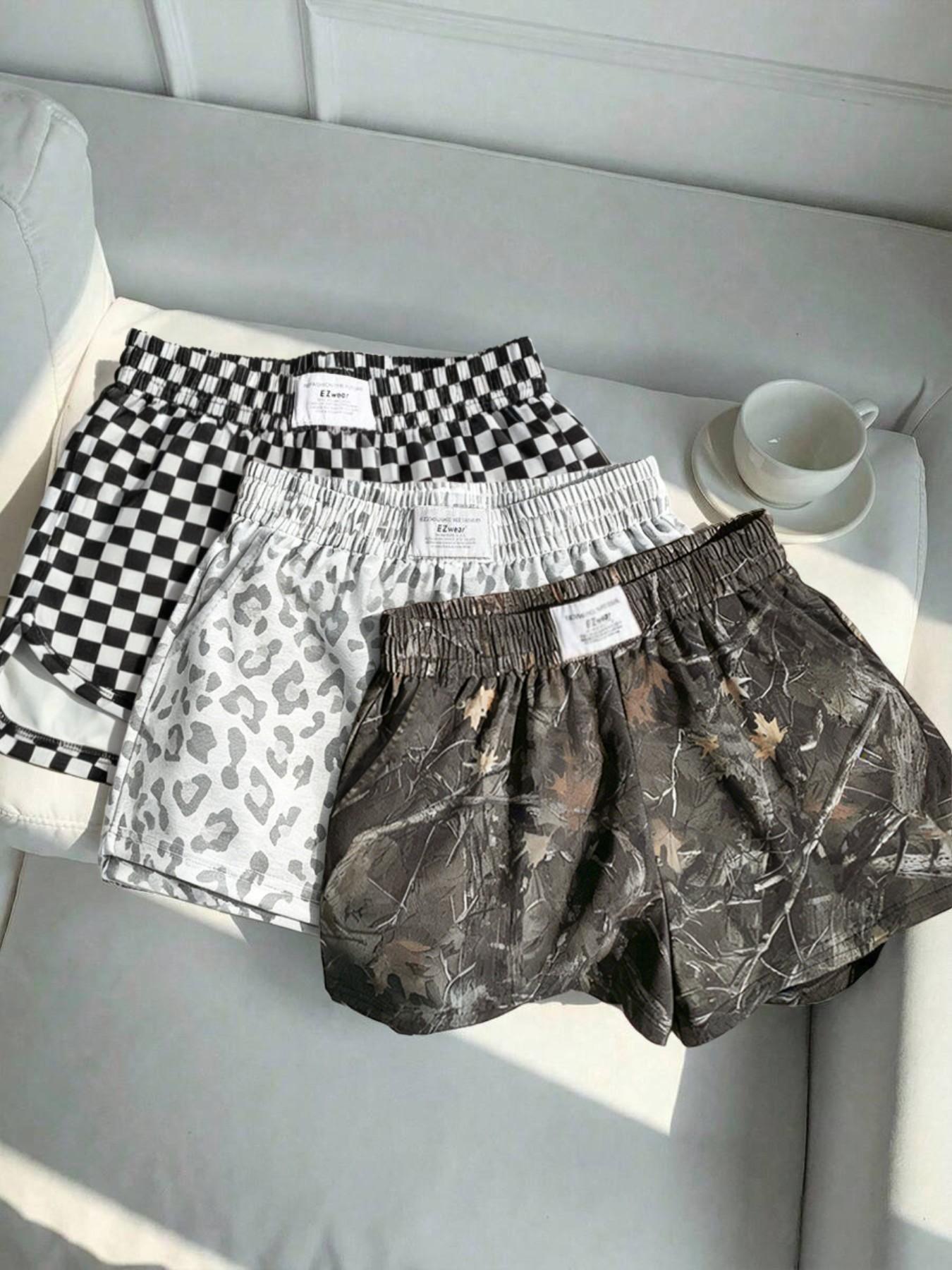 Women's Summer Leopard and Plaid Print Athleisure Casual Shorts, Comfortable Loose-Fit Athletic Bottoms for Yoga and Daily Activities