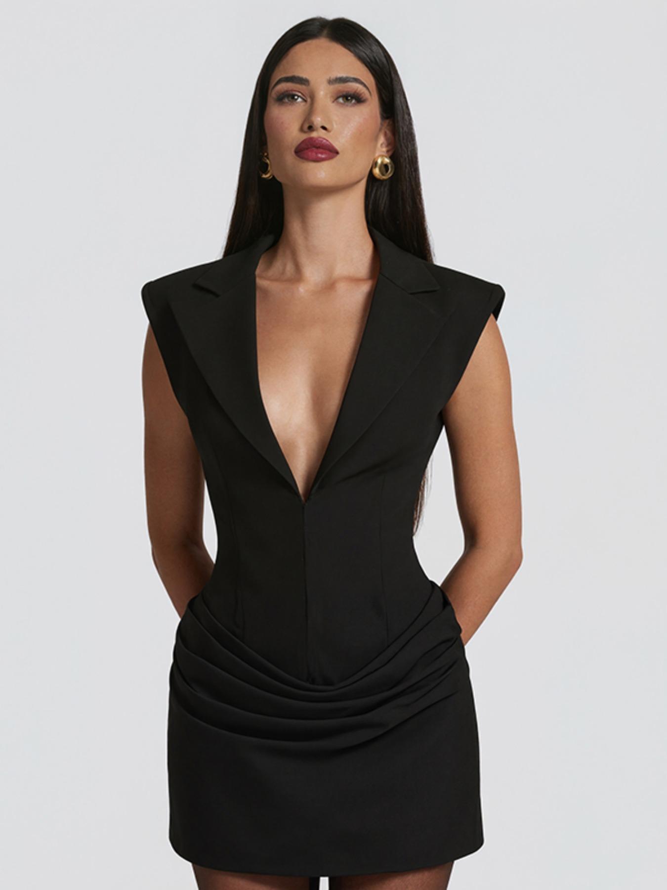 Women's Fashion Solid Color V Neck Sleeveless Ruched Blazer Dress, Comfortable Casual All-Season Versatile, Daily Wear, Commuting, Parties