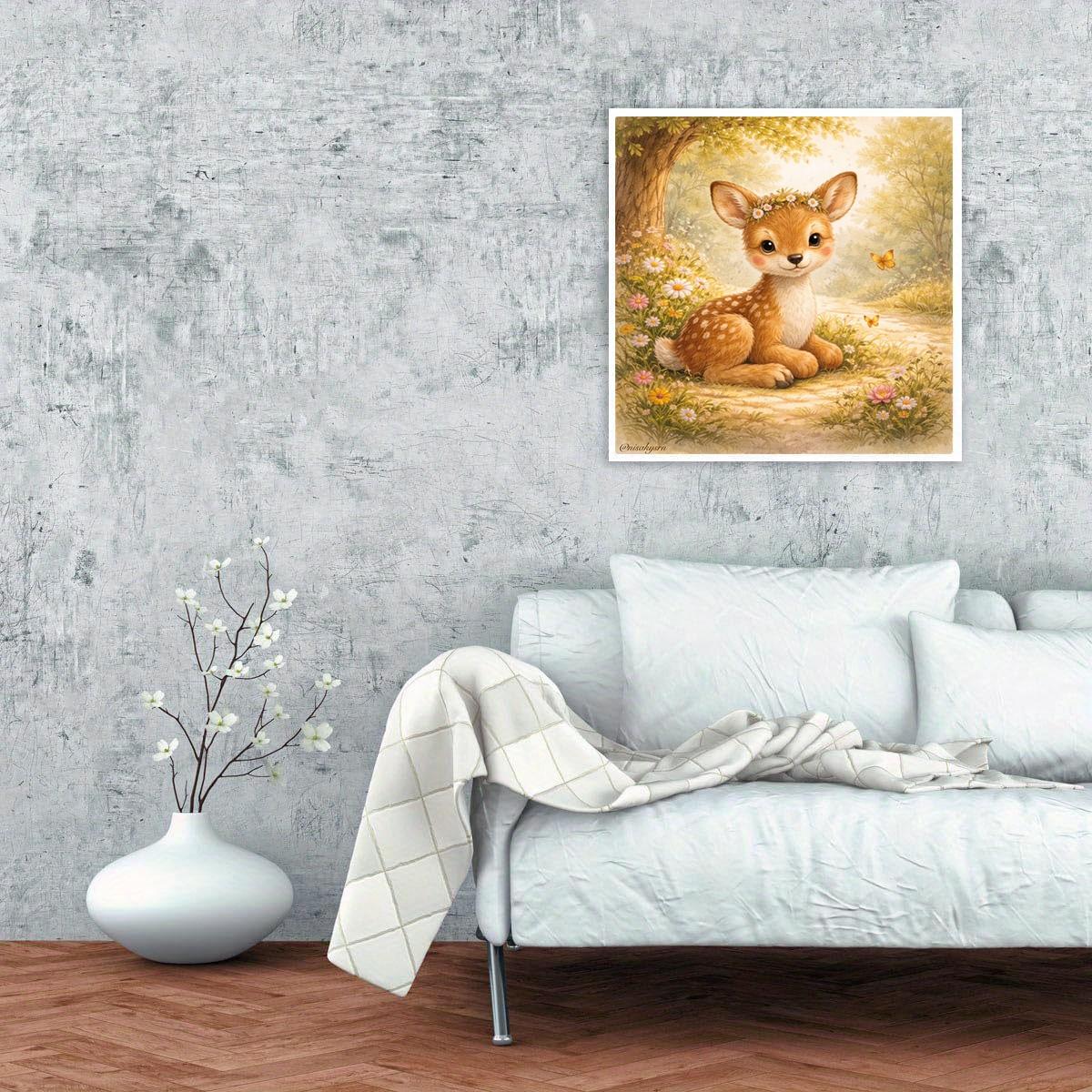 A 2D flat unframed hand-made DIY diamond painting kit with cute cartoon deer, forest flowers and butterflies pattern, warm and healing, high-definition full drill, suitable for home decoration, handcraft lovers and gift-giving.