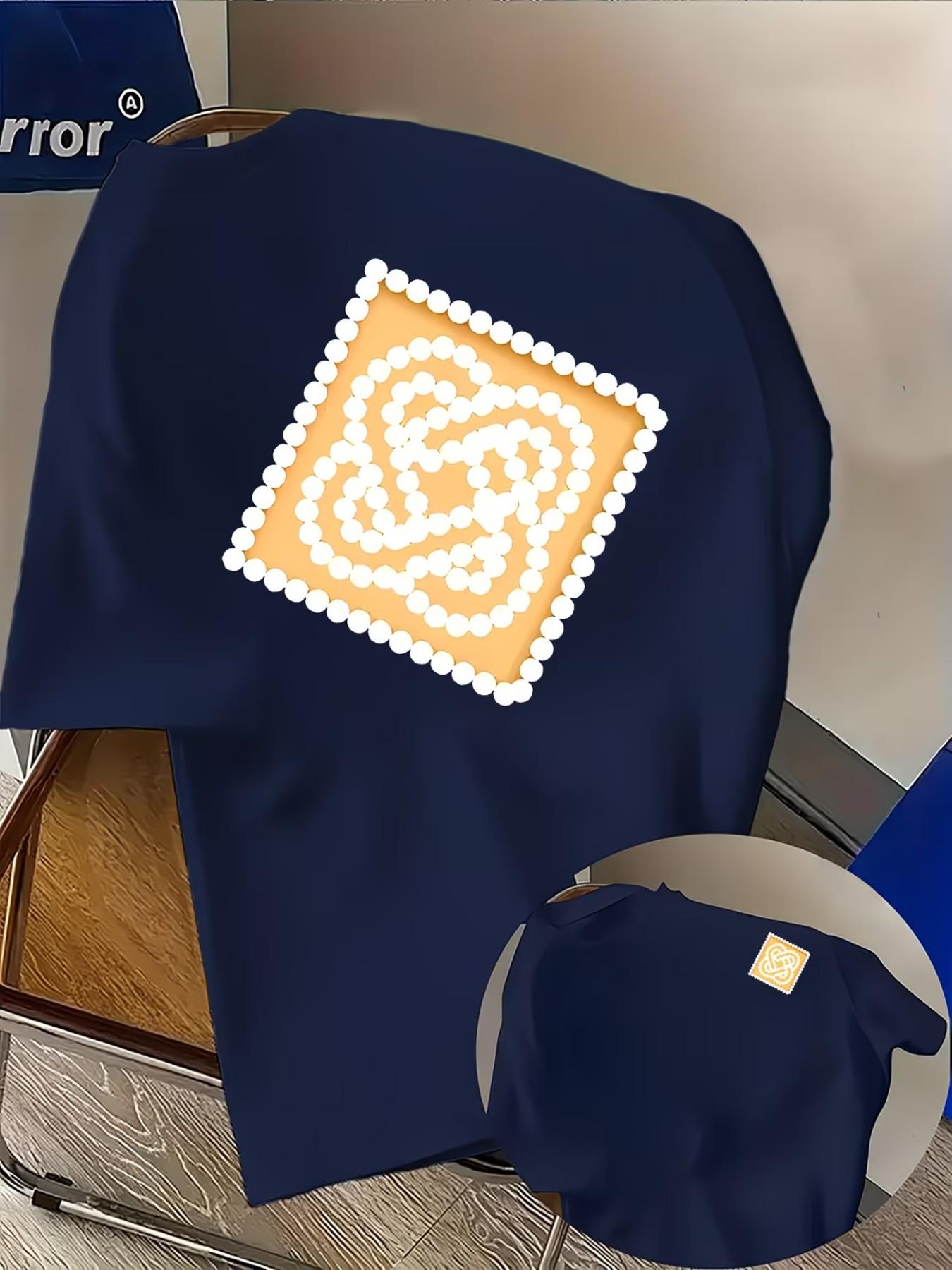 Men's Casual T-Shirt with Casablanca Letter Print, Fashion Double-Sided Graphic Tee, Round Neck, Comfortable Polyester, Streetwear