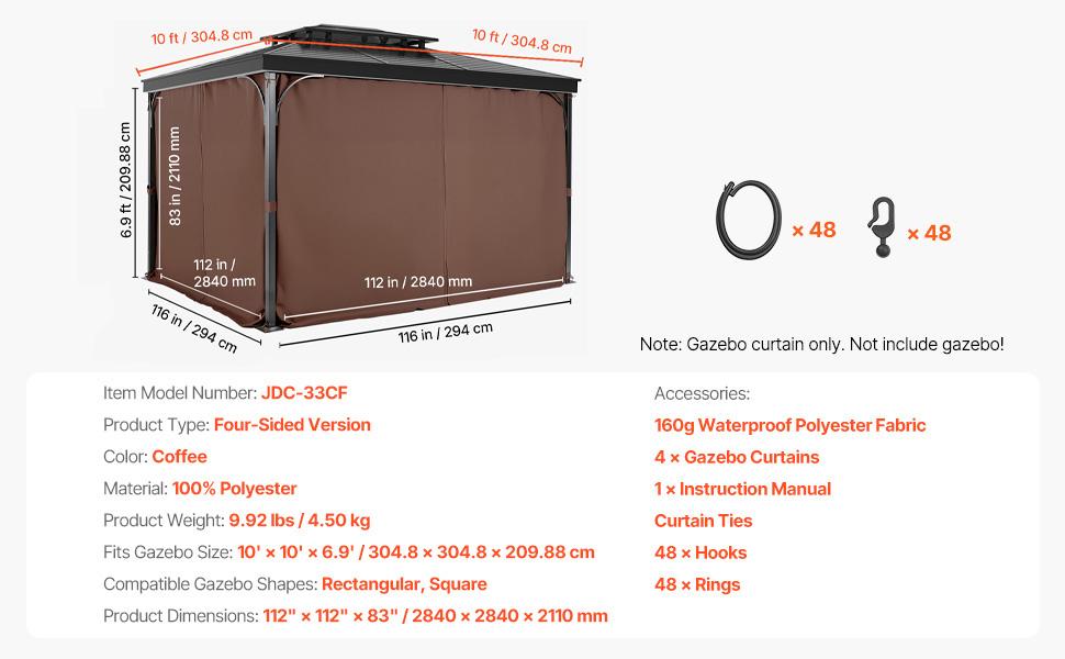 VEVOR Gazebo Curtains Outdoor, Fit Most 10'x 10'x 6.9' Gazebos, 4-Panel Sidewall Gazebo Privacy Curtains with Zippers, Outdoor Curtain Replacement for Patio Canopy, Only Curtain, Coffee
