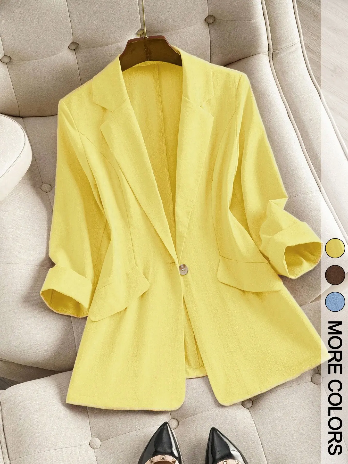 Women's Single-Button Blazer Jacket, Rolled-Hem Three-Quarter Sleeve Top, Stylish Office Wear, Comfortable for Daily Wear