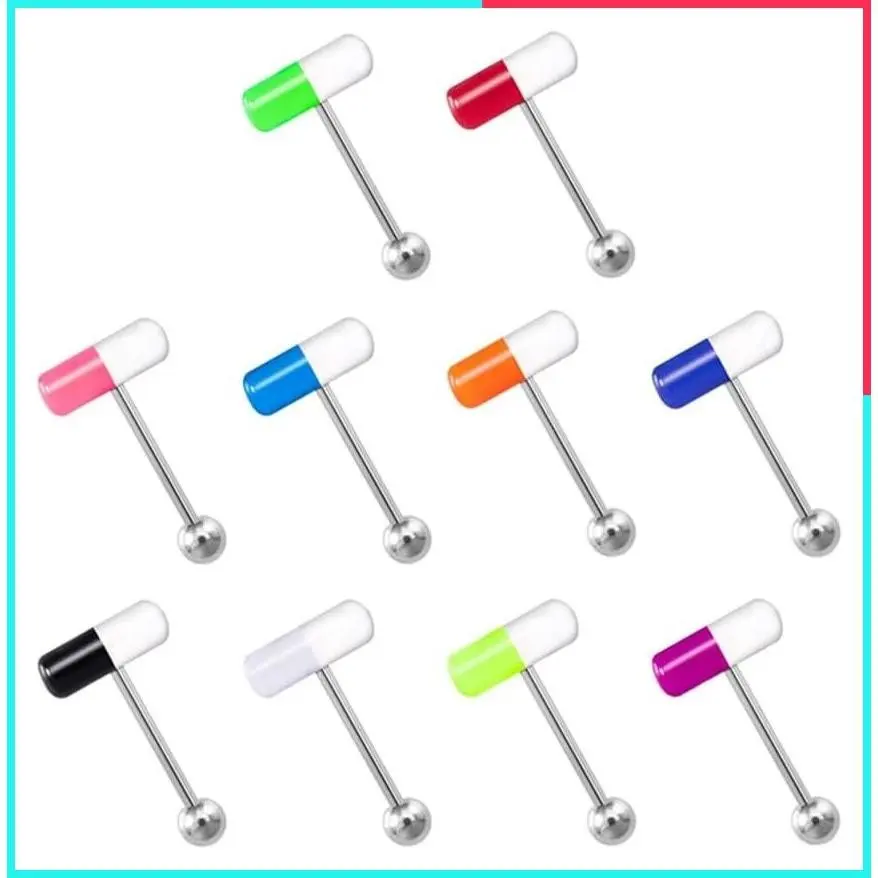 10pc Tongue Barbell Rings Surgical Steel with Mixed Color Acrylic Pill Capsule Design, 16mm & 19mm Bar Stud Piercing Jewelry Set