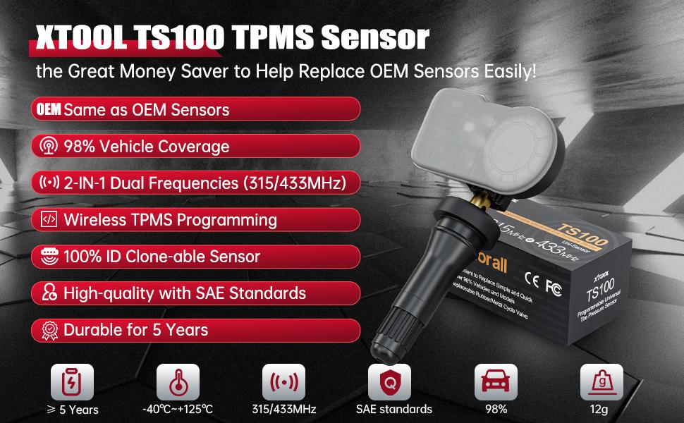 [Summervibes] XTOOL TS100 TPMS Sensor(315/433MHz), Programmable Car TPMS Sensor Replacement, Tire Pressure Monitoring System Sensor, Work with XTOOL TP150/IP819TP tire pressure monitor tpms programming tool