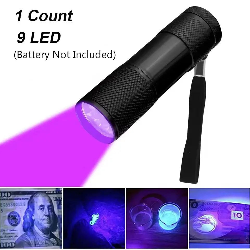 9led Mini Aluminum UV Flashlight, 395nm, Ip44 Waterproof, Portable, for Ink Curing, Currency Check, Pet Urine Detection, Fluorescent Inspection