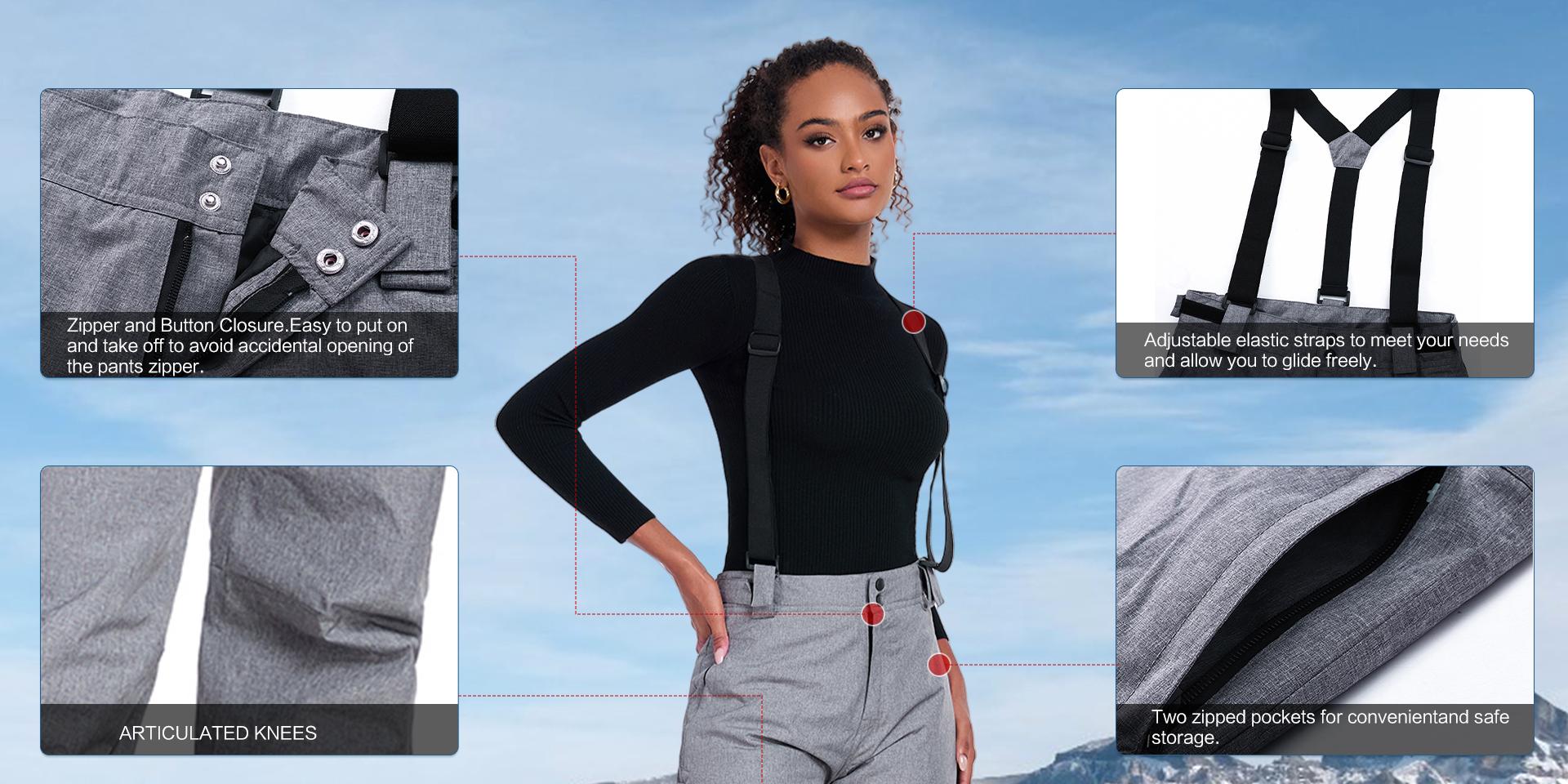 YEEFINE Women's Insulated Snow Pants Winter Warm Ski Pant Outdoor Waterproof Snowboard Bibs with Detachable Suspender