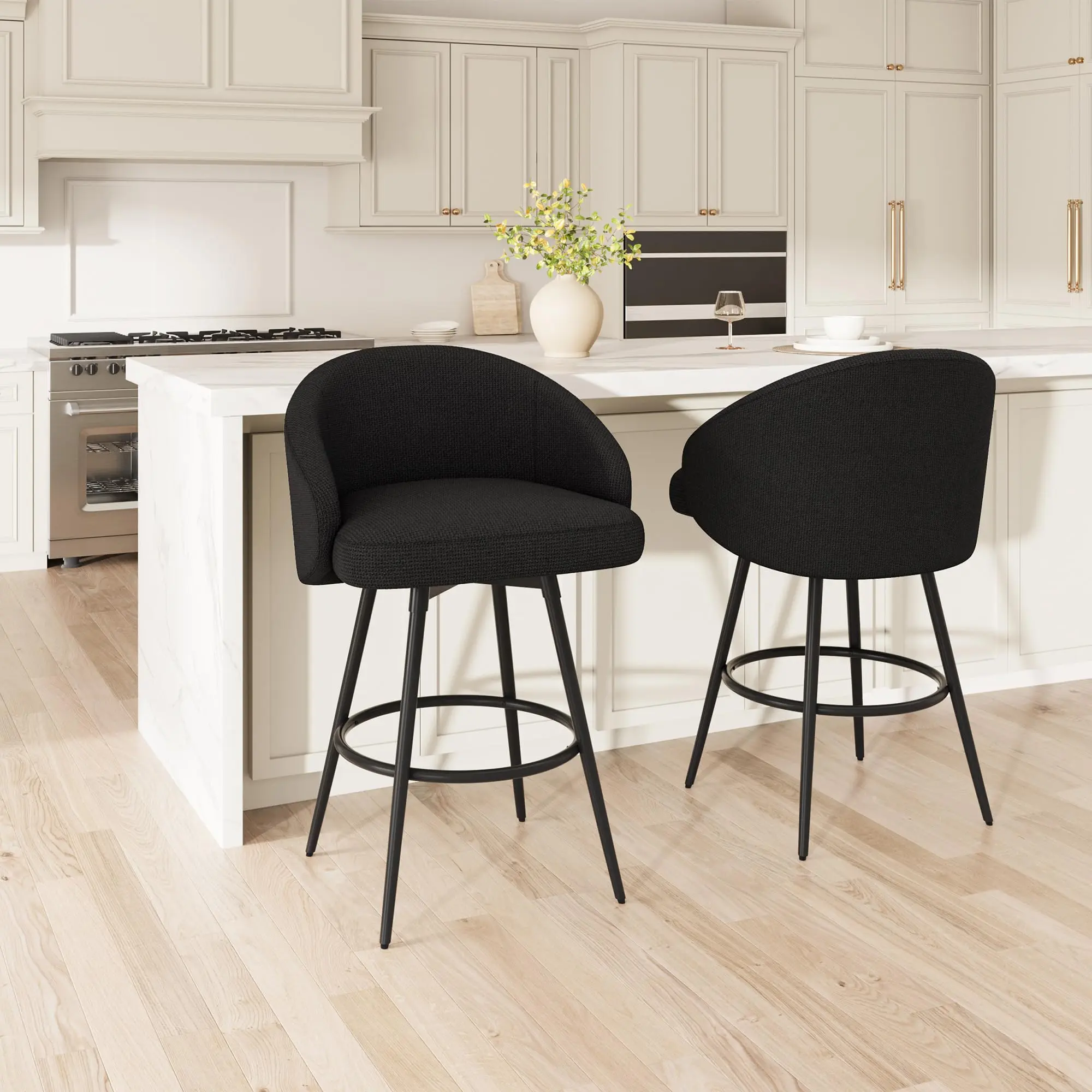 Modern Swivel Bar Stools Set of 2, 360° Rotating Counter Height Chairs with Backs & Footrest, Linen Upholstered, 350lb Capacity Metal Frame