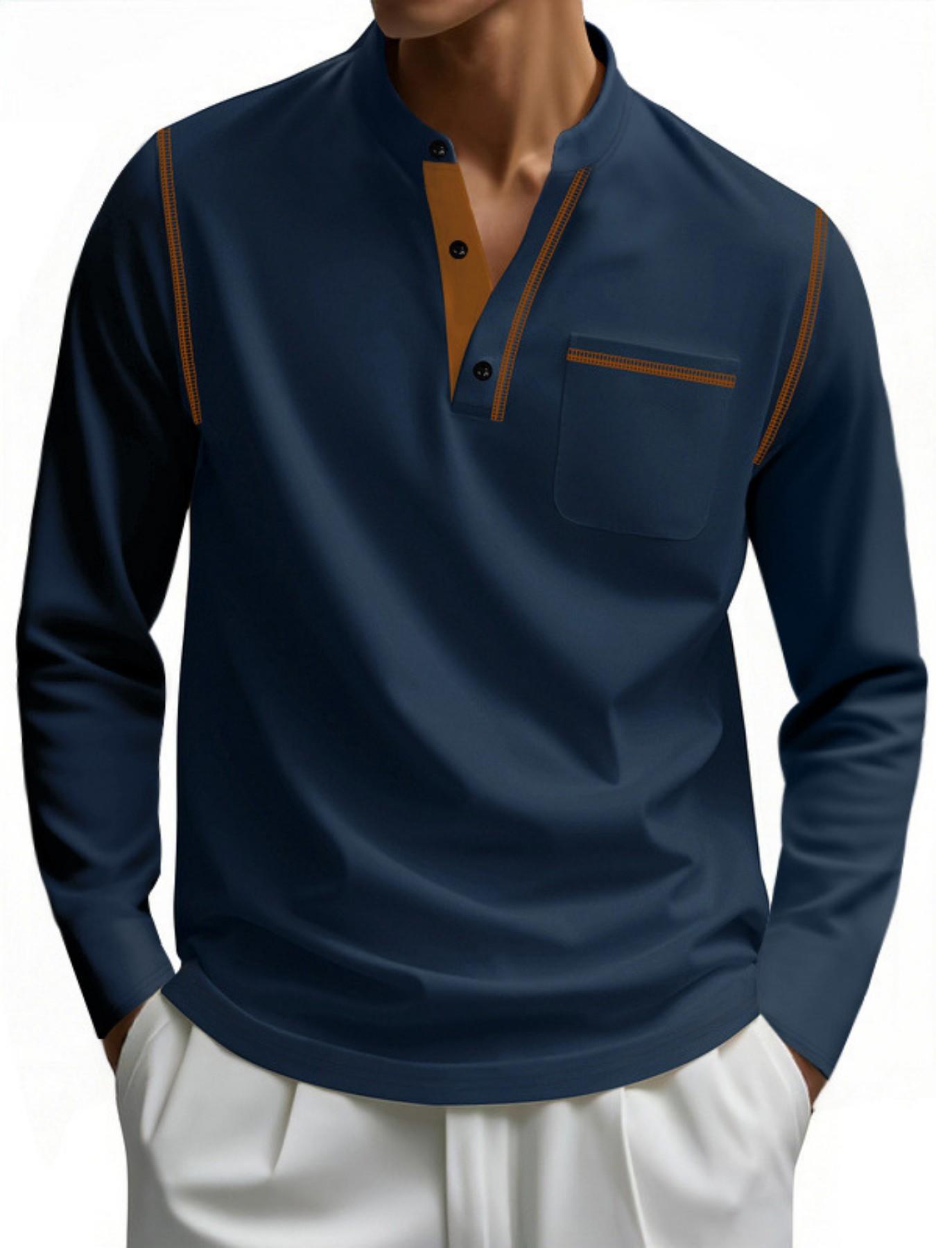Men's Henry Long Sleeve Shirt, Button Neck Casual T-Shirt, Pocketed Daily Wear Fashion Top, Essential Stylish Clothing
