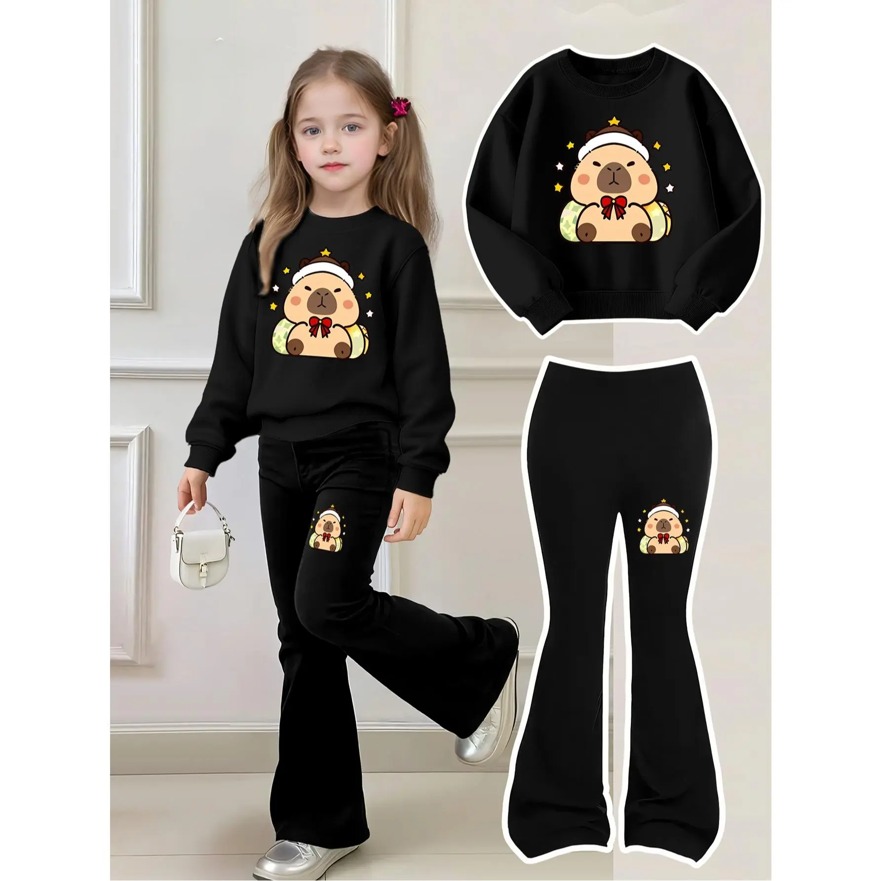 Capybara Girls' Two-Piece Set: Kabala Print Sweatshirt + Flared Pants, Girls' Clothing, Daily Fashion Outfit and Birthday Gift, Perfect for Outdoor