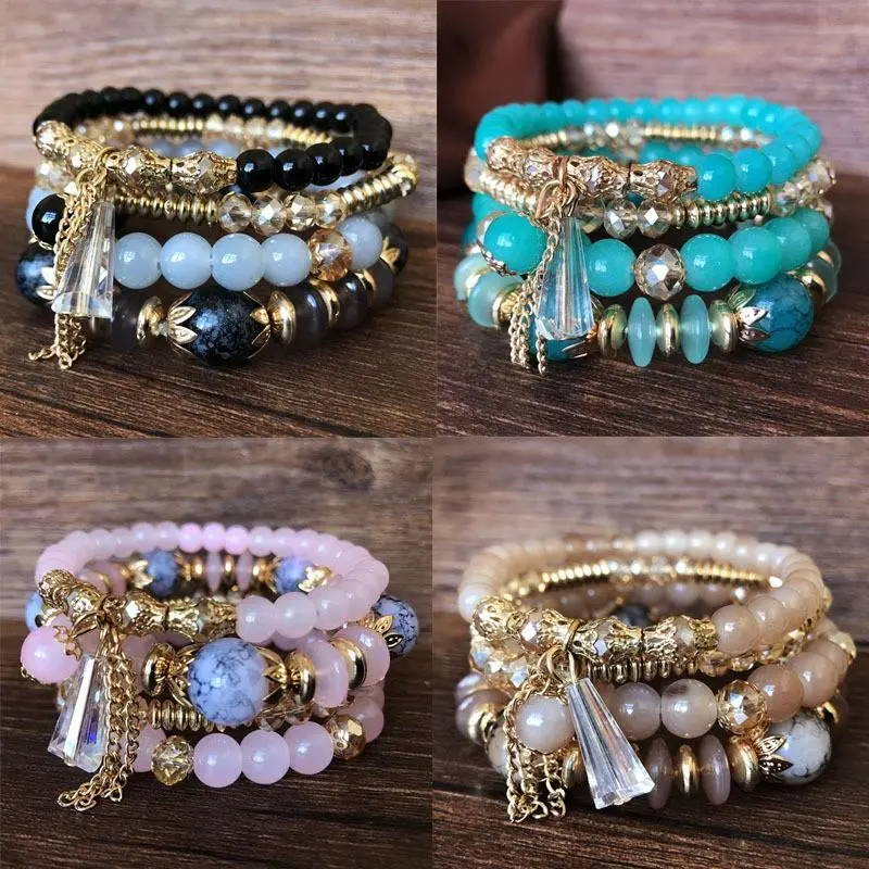 Boho Y2K 4-Pack Beaded Bracelet Set for Women, Stackable Crystal Multi-Layer Charm Bracelets, Handmade Aesthetic Jewelry, Lightweight Adjustable Fashion Wristbands for Beach Festival & Summer Outfit